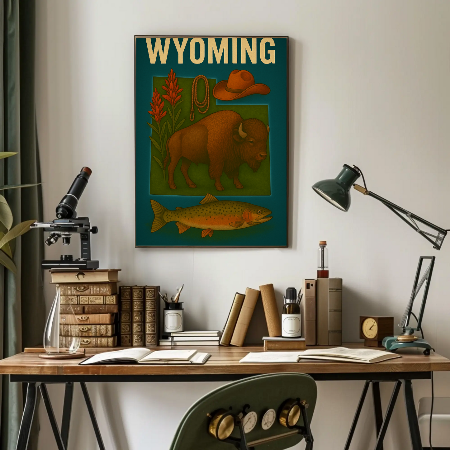 Wyoming Bison Fish Rope Hat Nature Vintage Travel Poster