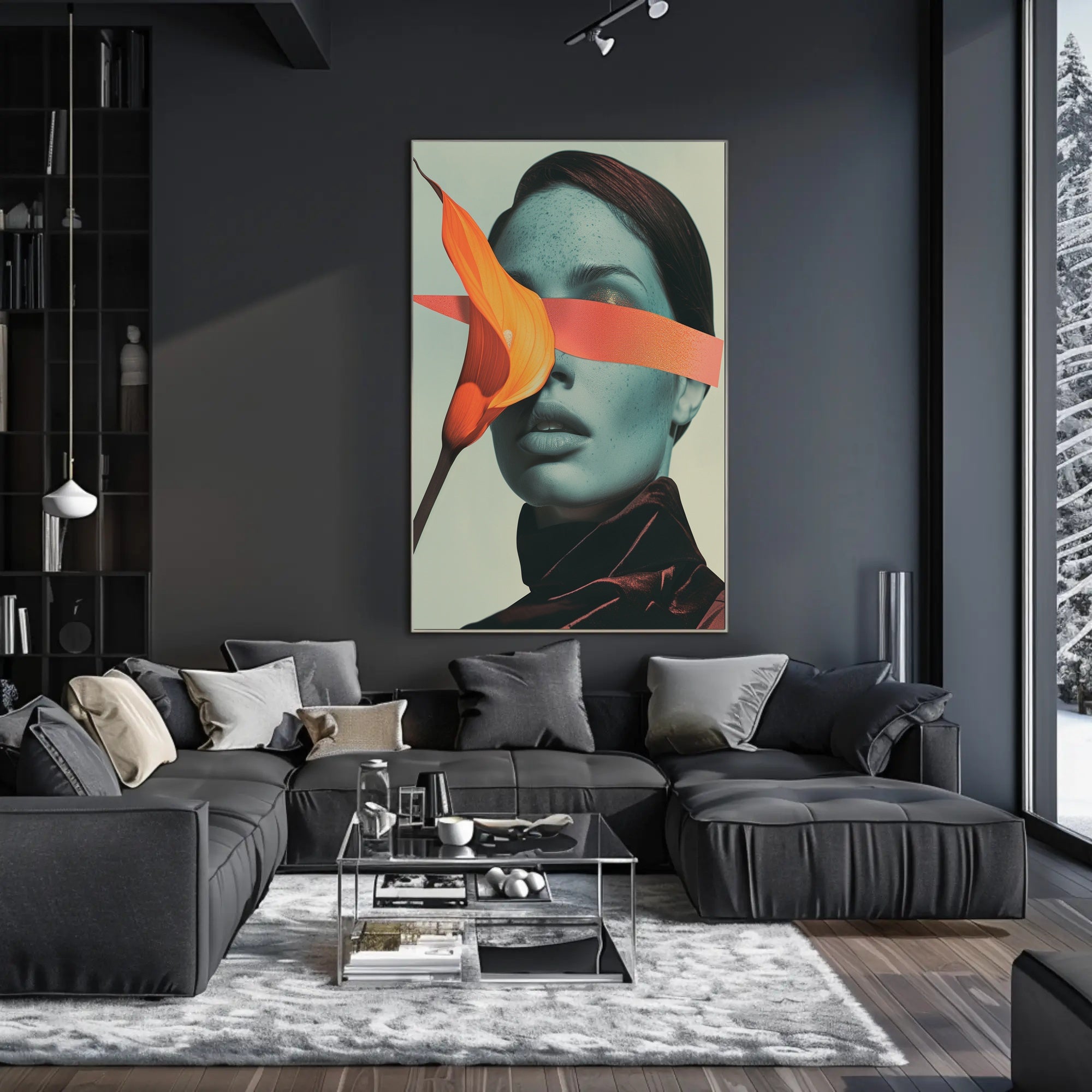 Surreal Blue Portrait with Orange Calla Lily Art Poster PosterGoat