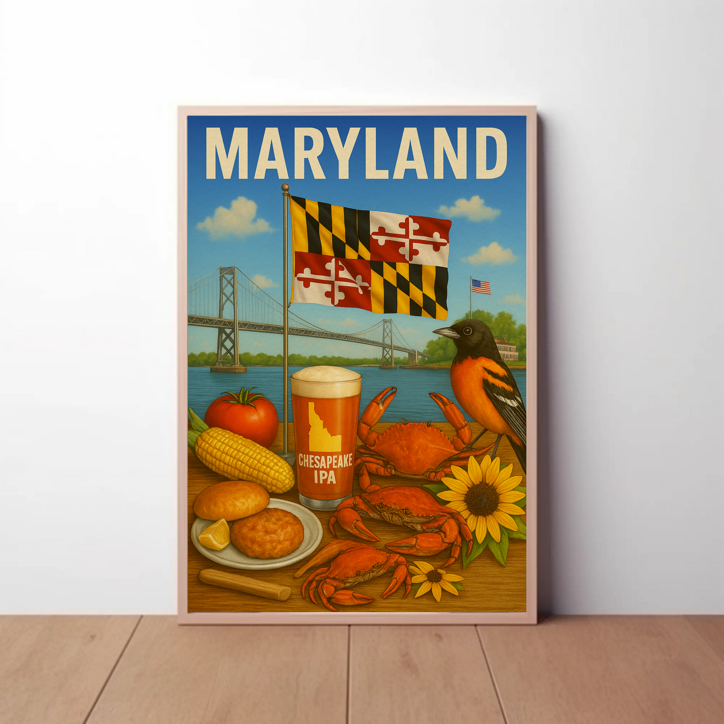 Maryland Crab Bridge Beer Corn Bird Flag Travel Poster