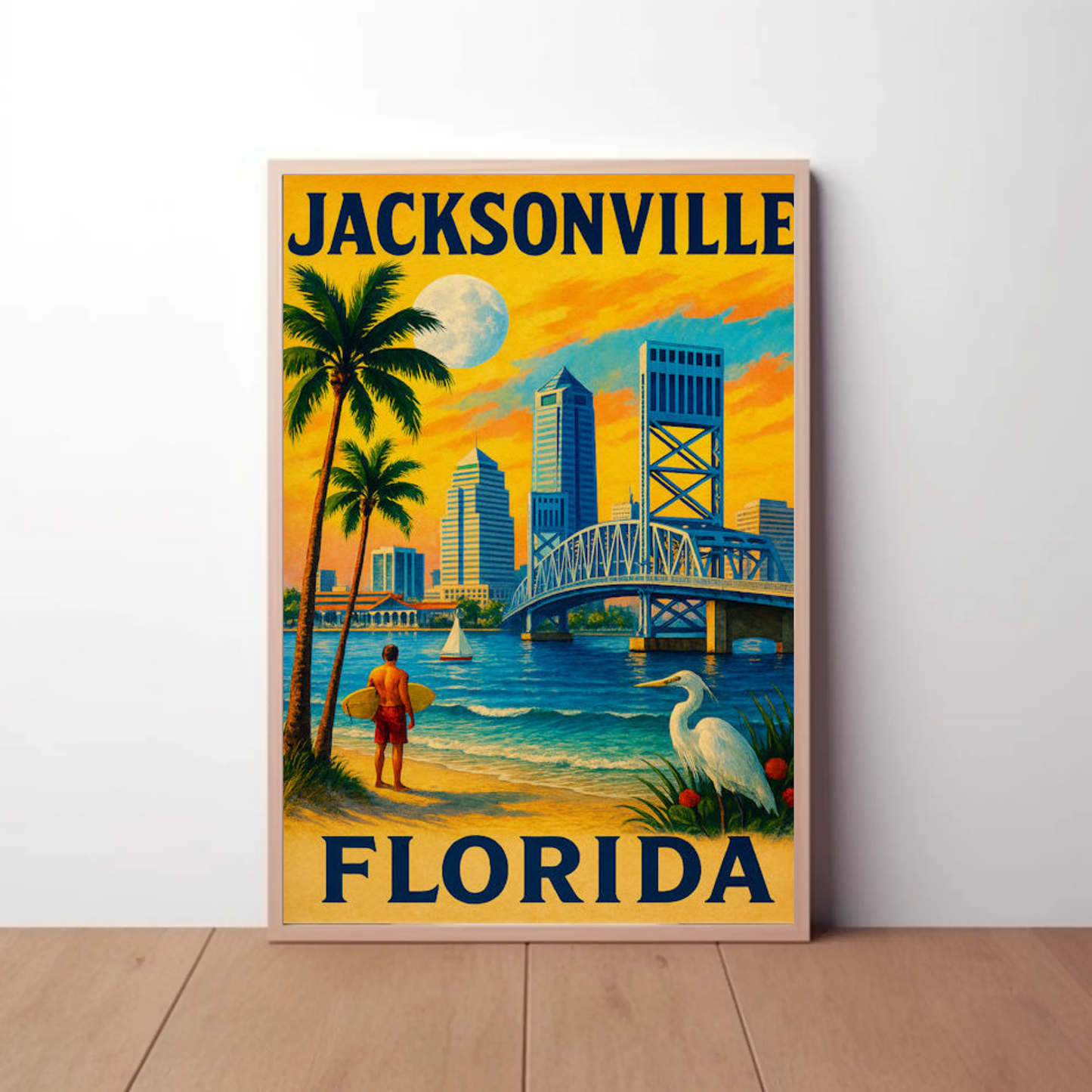 Jacksonville Florida Surfer Bridge Skyline Sunset Travel Poster
