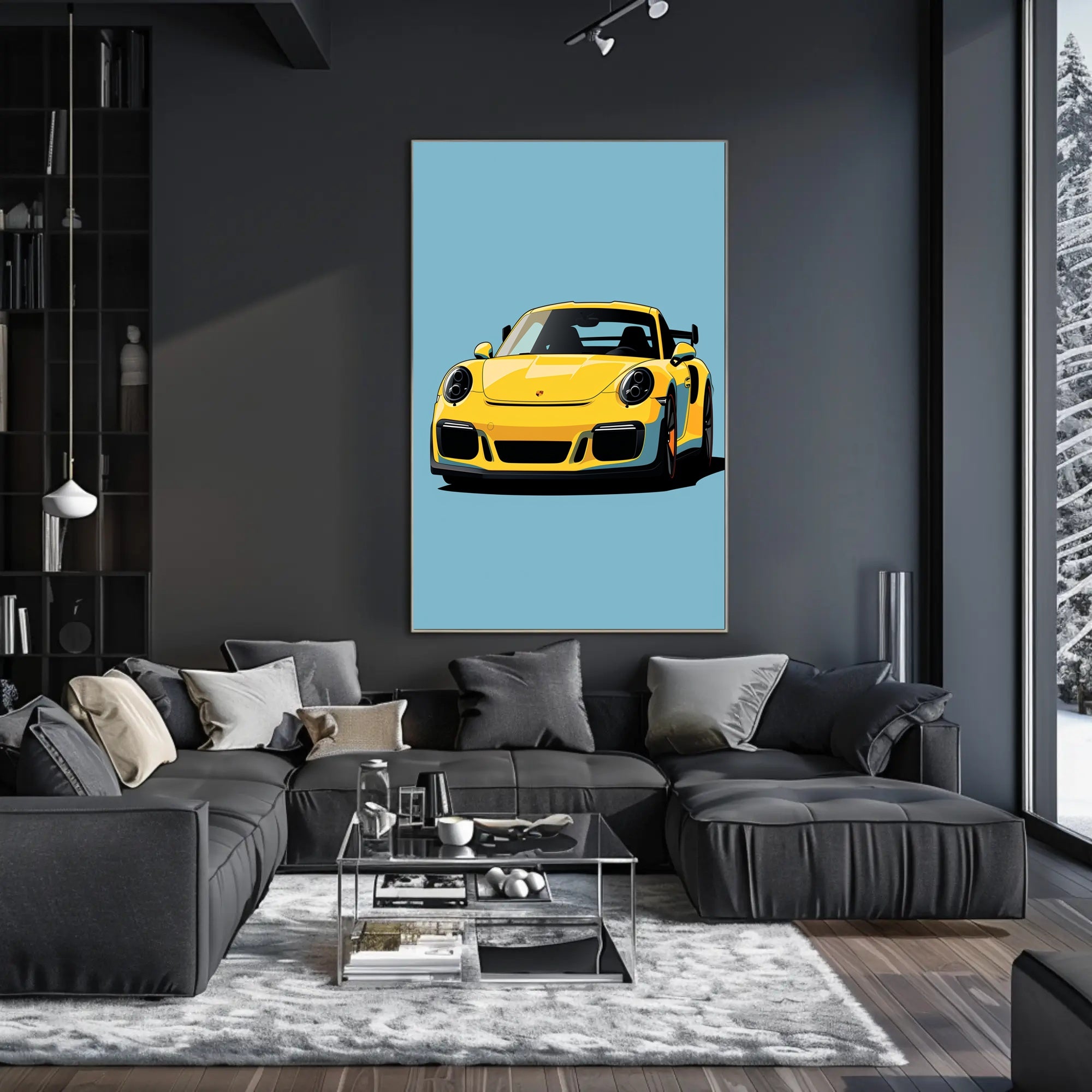 Vibrant Yellow Sports Car Illustration Poster PosterGoat