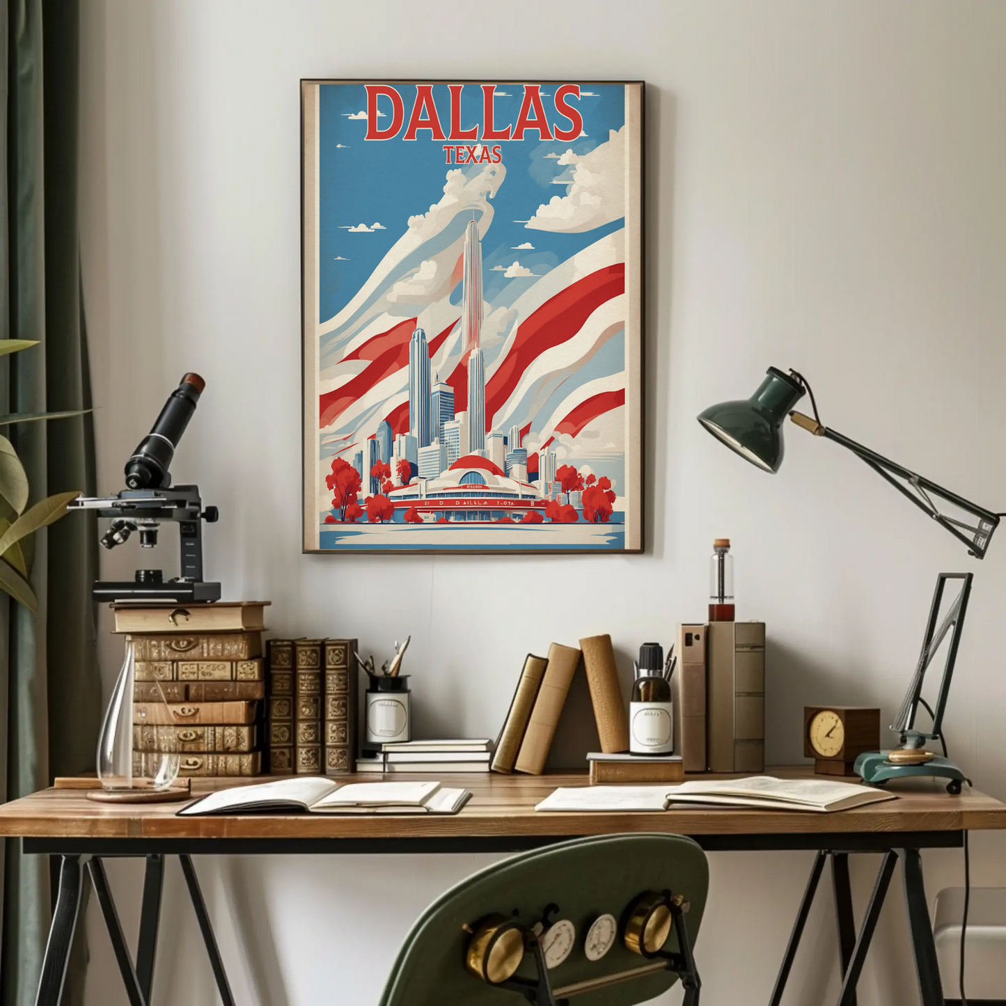 Dallas Texas Skyline Red White Blue Vintage Travel Poster