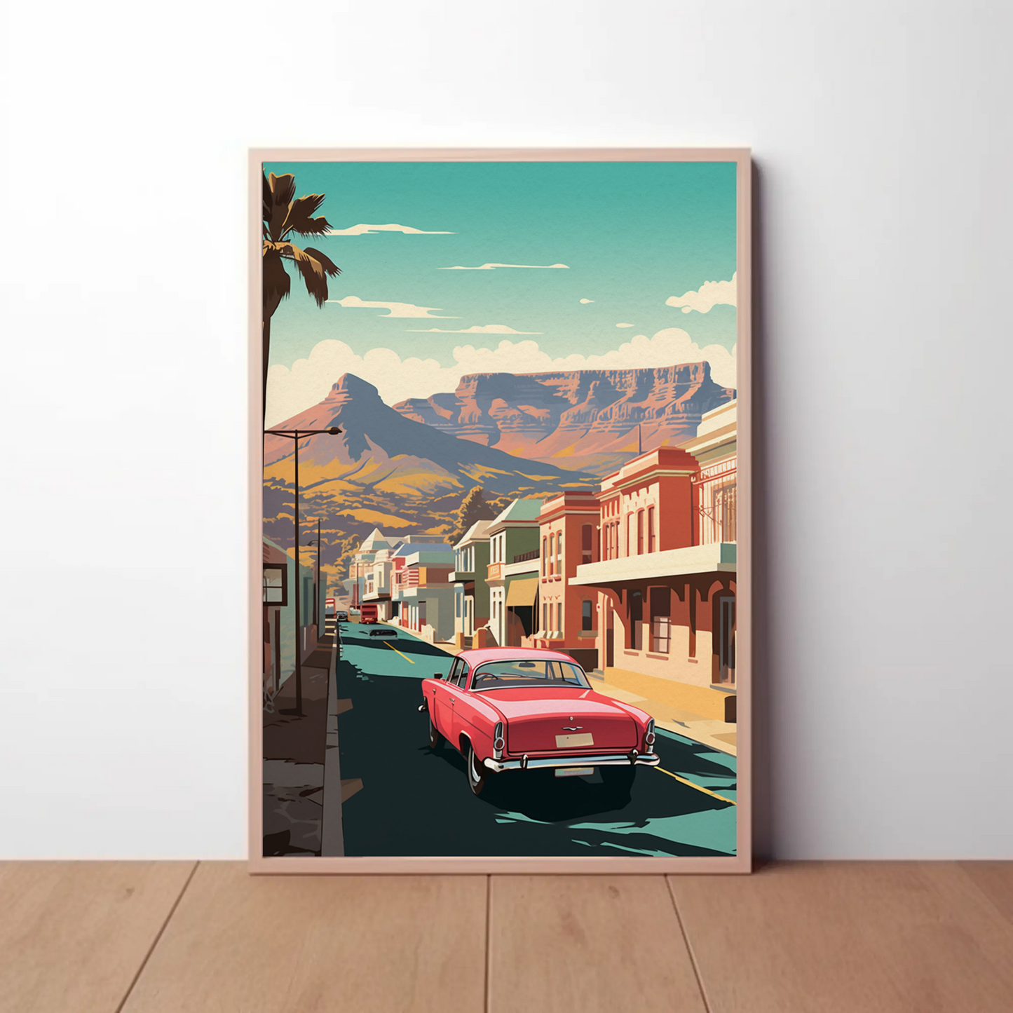 Cape Town Retro Car Colorful Buildings Scenic Travel Poster