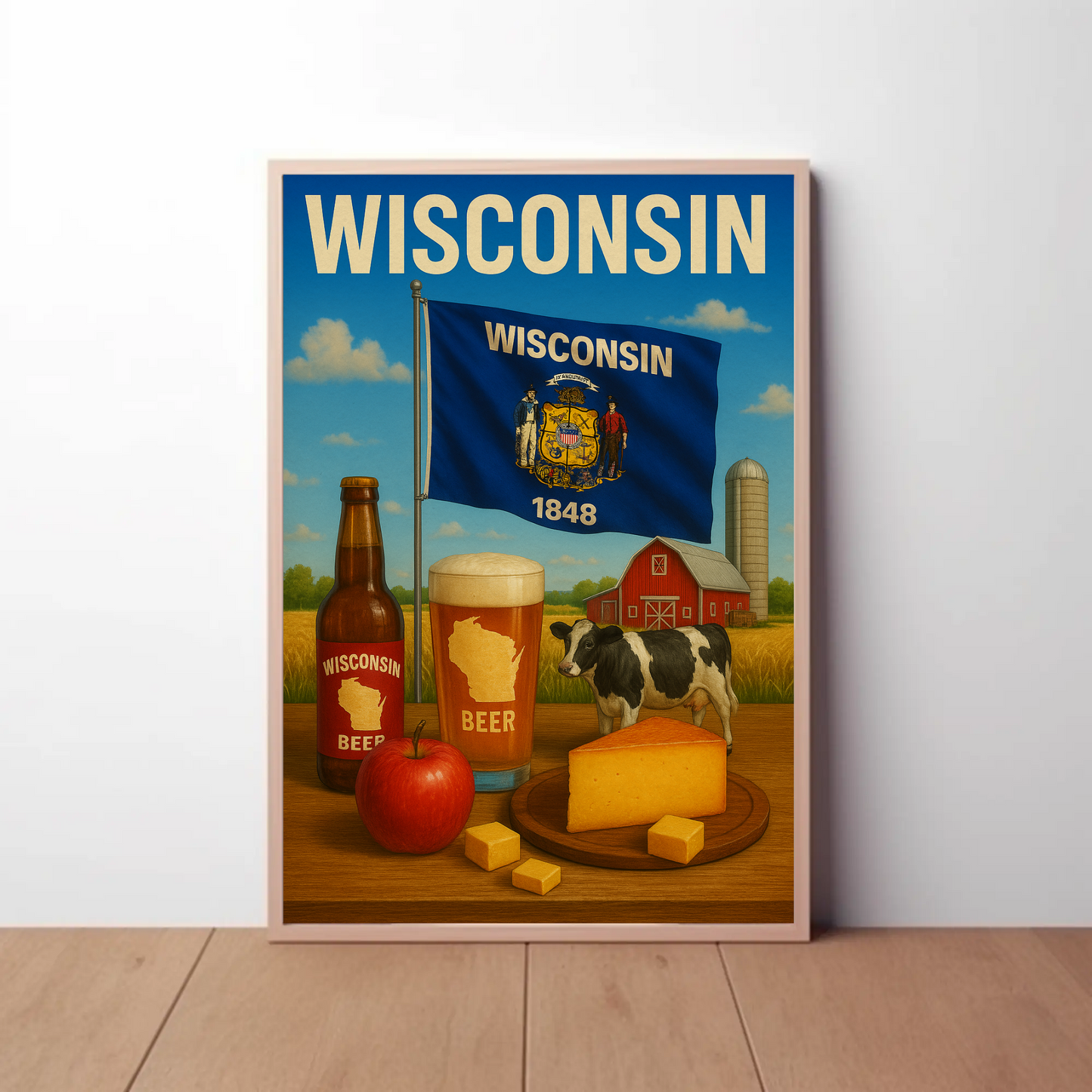 Wisconsin Beer Cheese Cow Barn Farm Apple Travel Poster