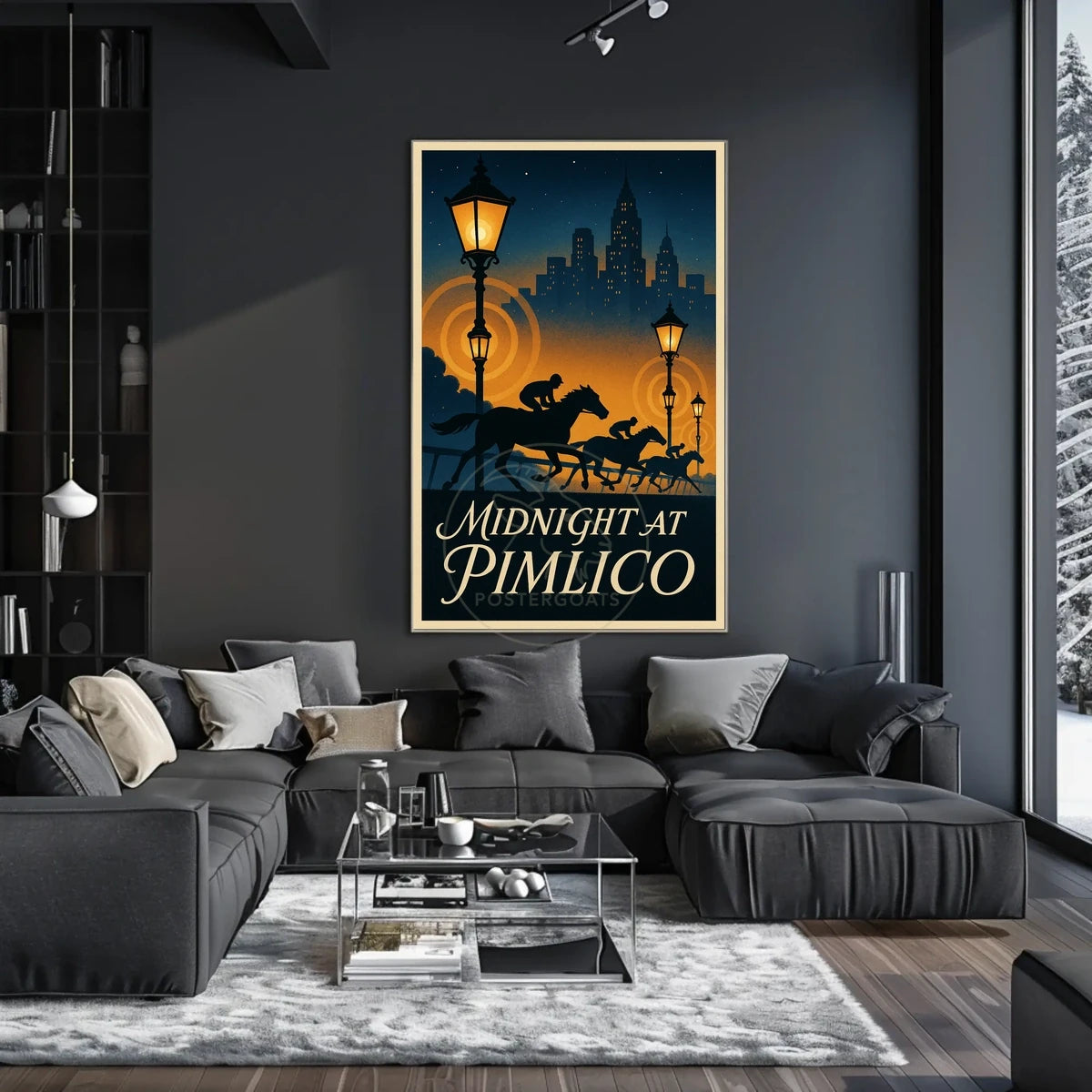 Midnight Horse Racing Action at Art Deco Skyline Sports Poster