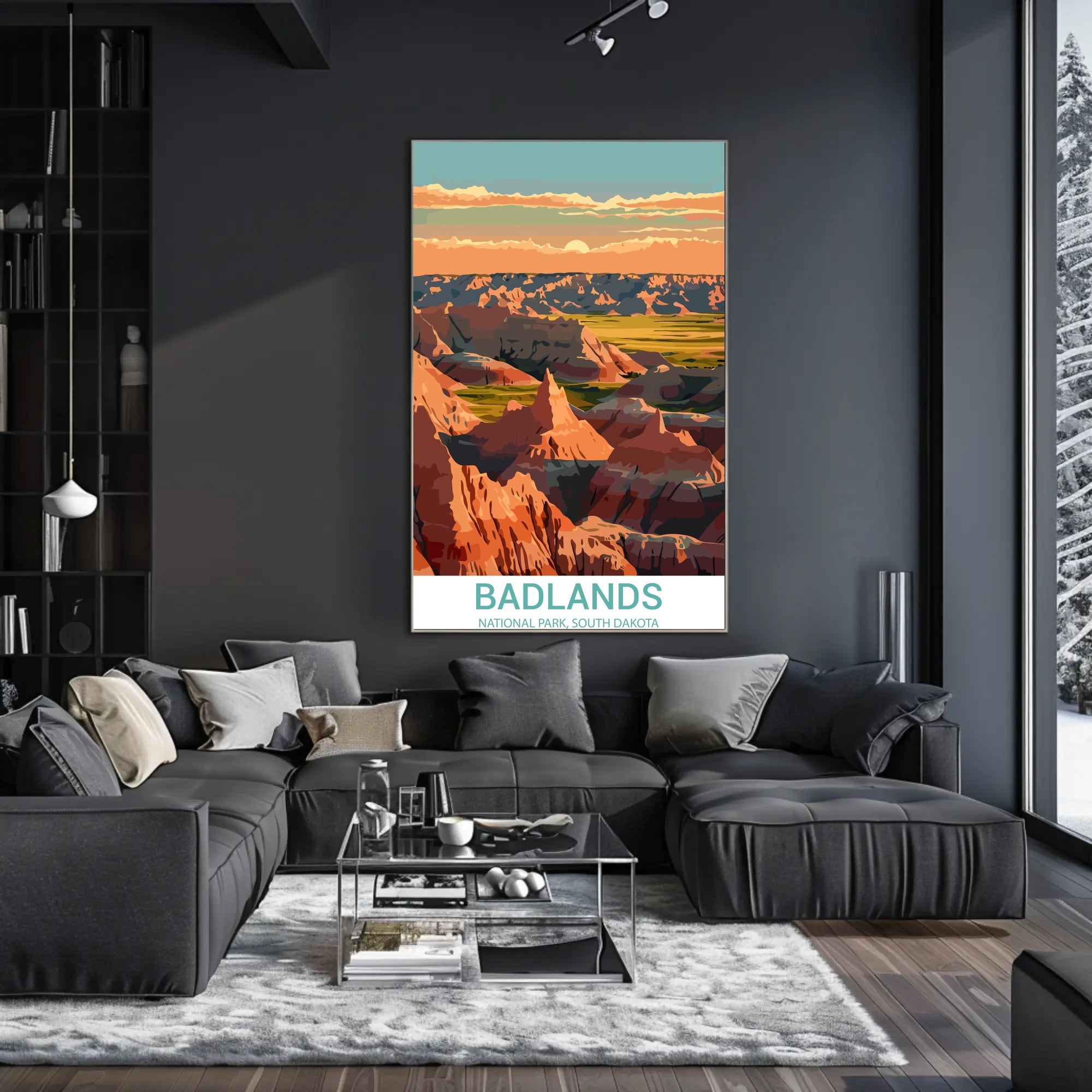 Stylized Sunset Badlands National Park Landscape Poster