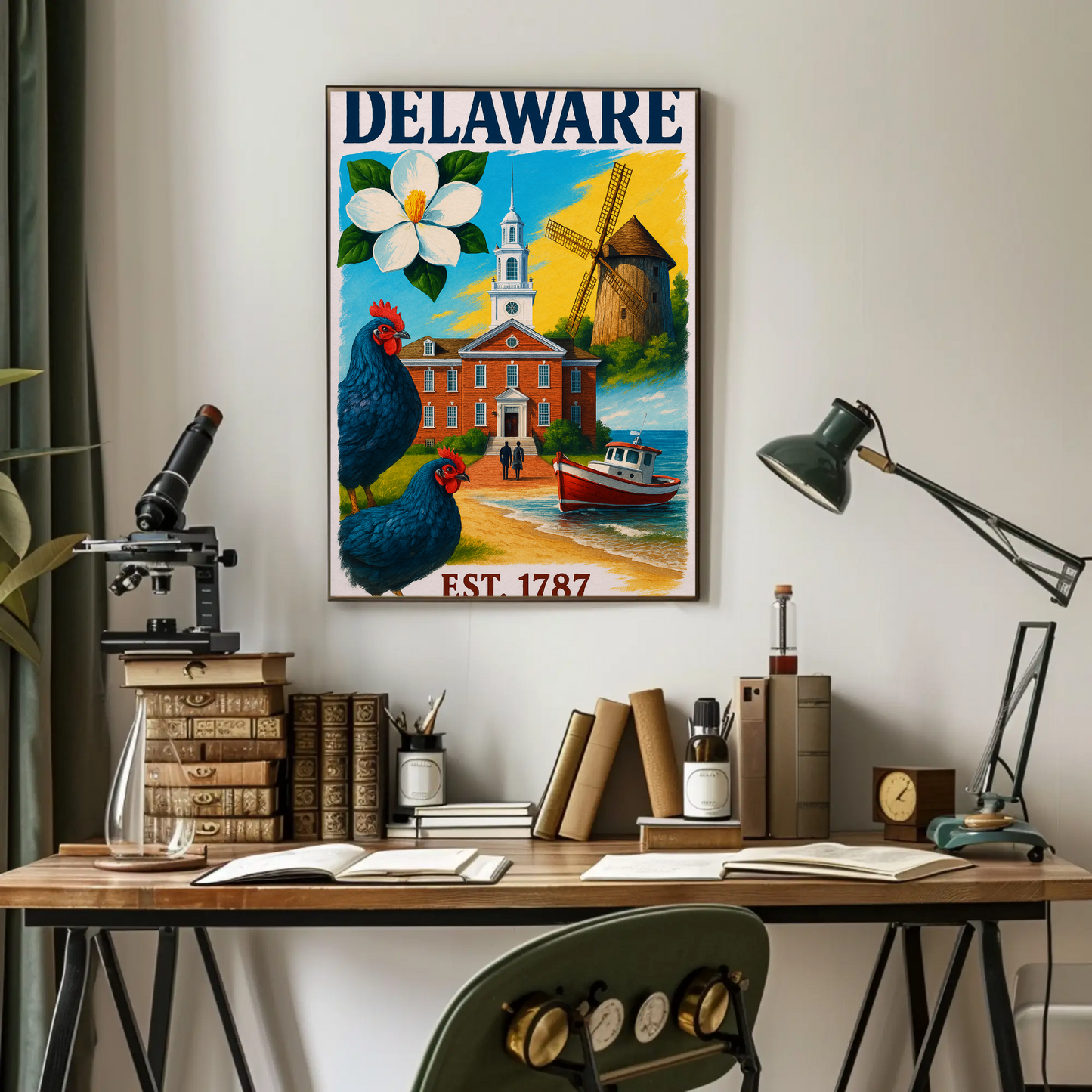 Delaware 1787 Poster With Windmill And Chickens Vintage Travel Poster
