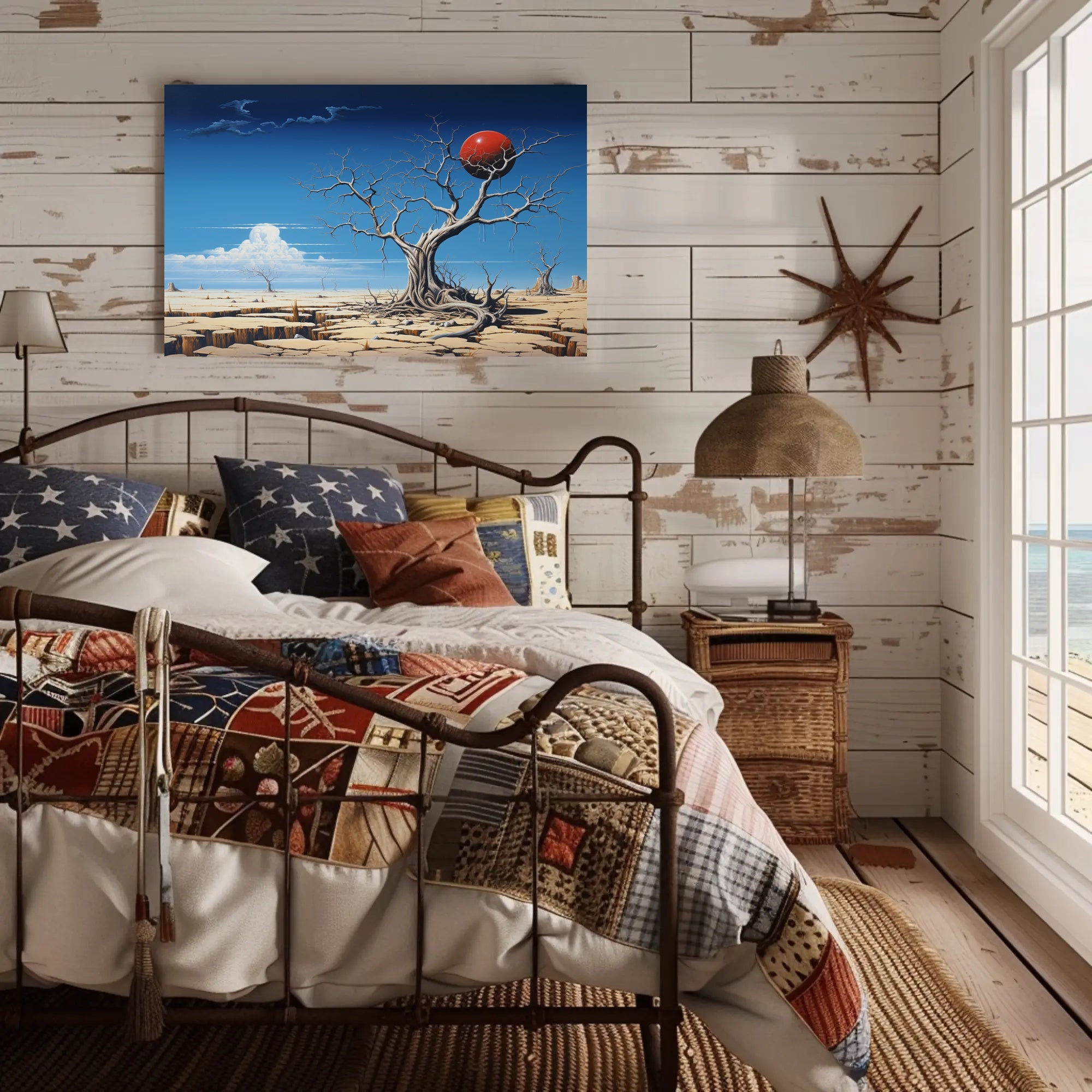 Surreal Desert Landscape with Red Sphere Artistic Poster