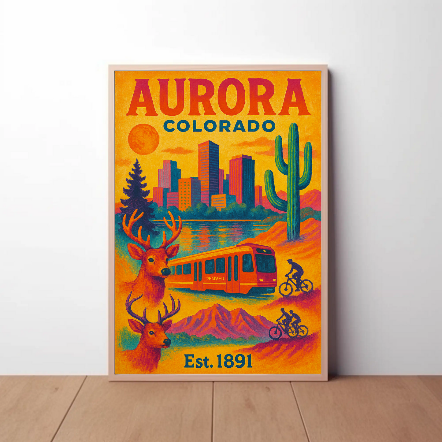 Aurora Colorado Mountains City Train Wildlife Cactus Travel Poster