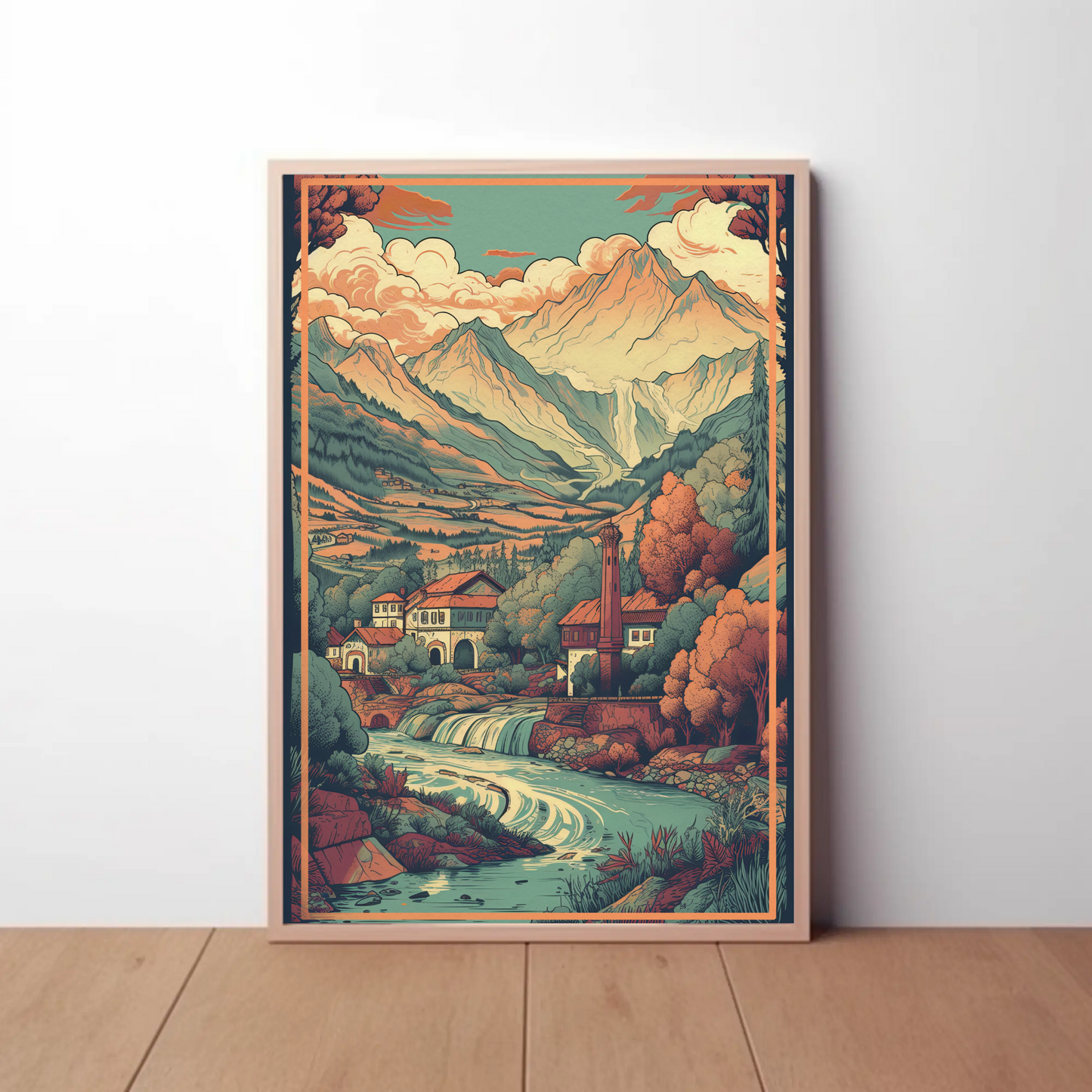 Alpine Village Waterfall And Peaks Travel Poster