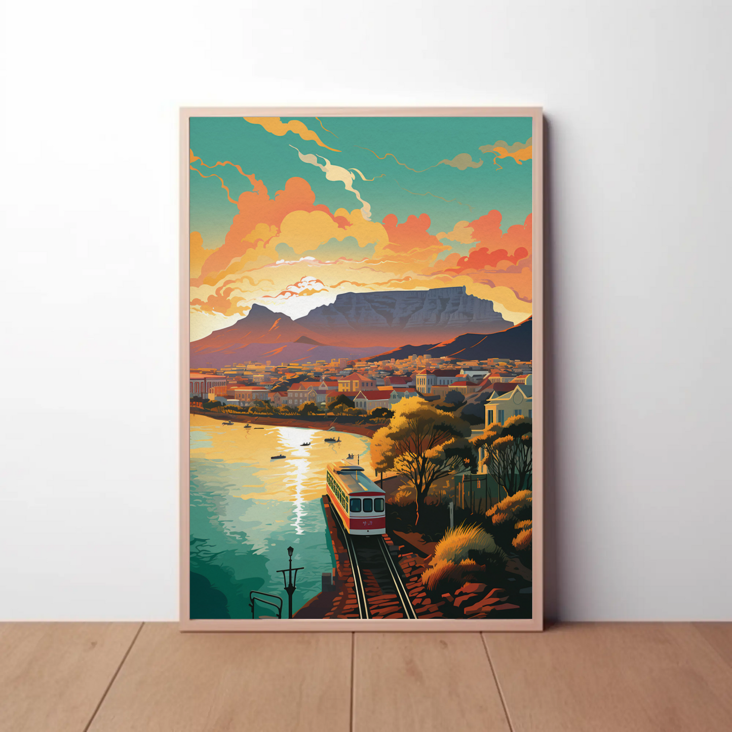 Cape Town Railway Train Coastal View Sunset Travel Poster