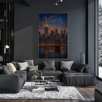 City Skyline at Dusk Over the River Poster Modern Wall Art