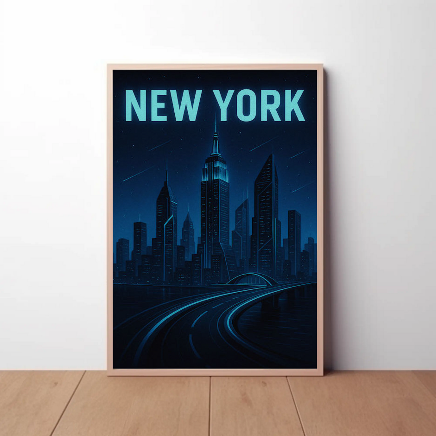 New York Night Skyline Futuristic Glow Blue Travel Poster