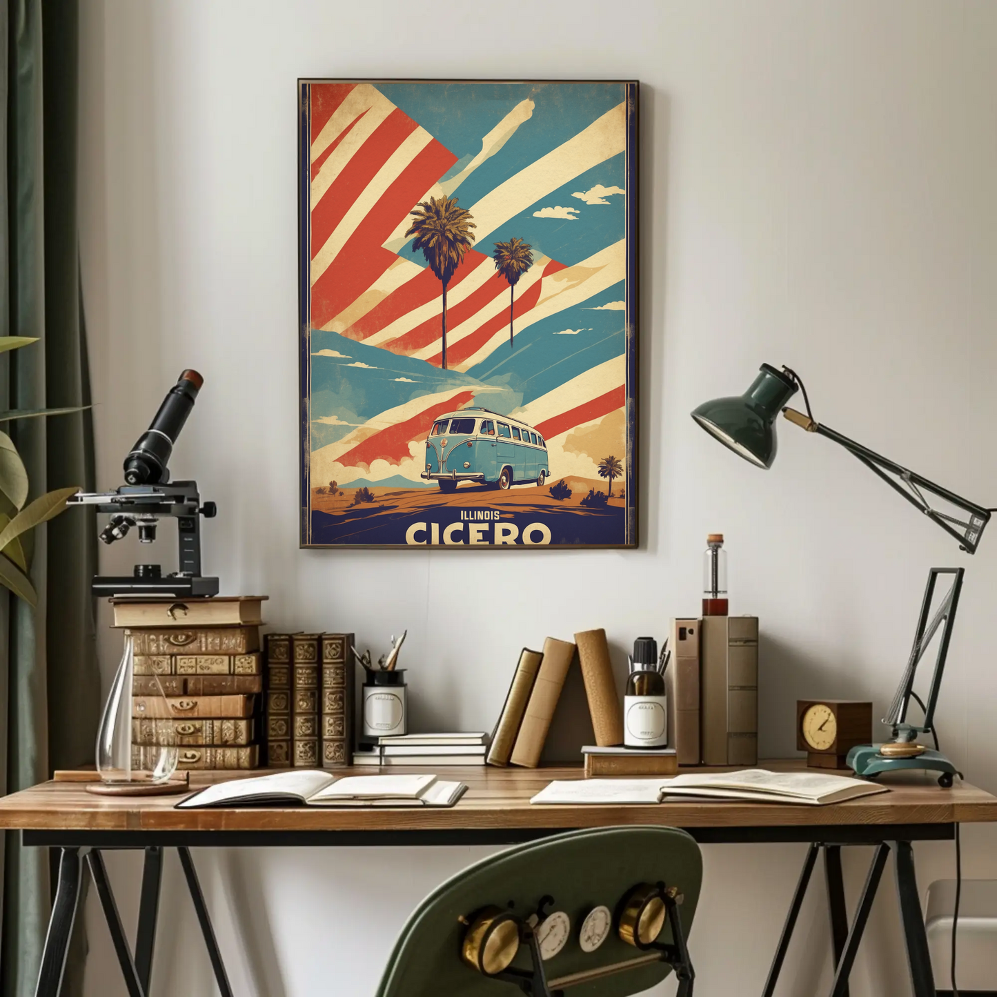 Cicero Illinois Palm Trees American Van Vintage Travel Poster