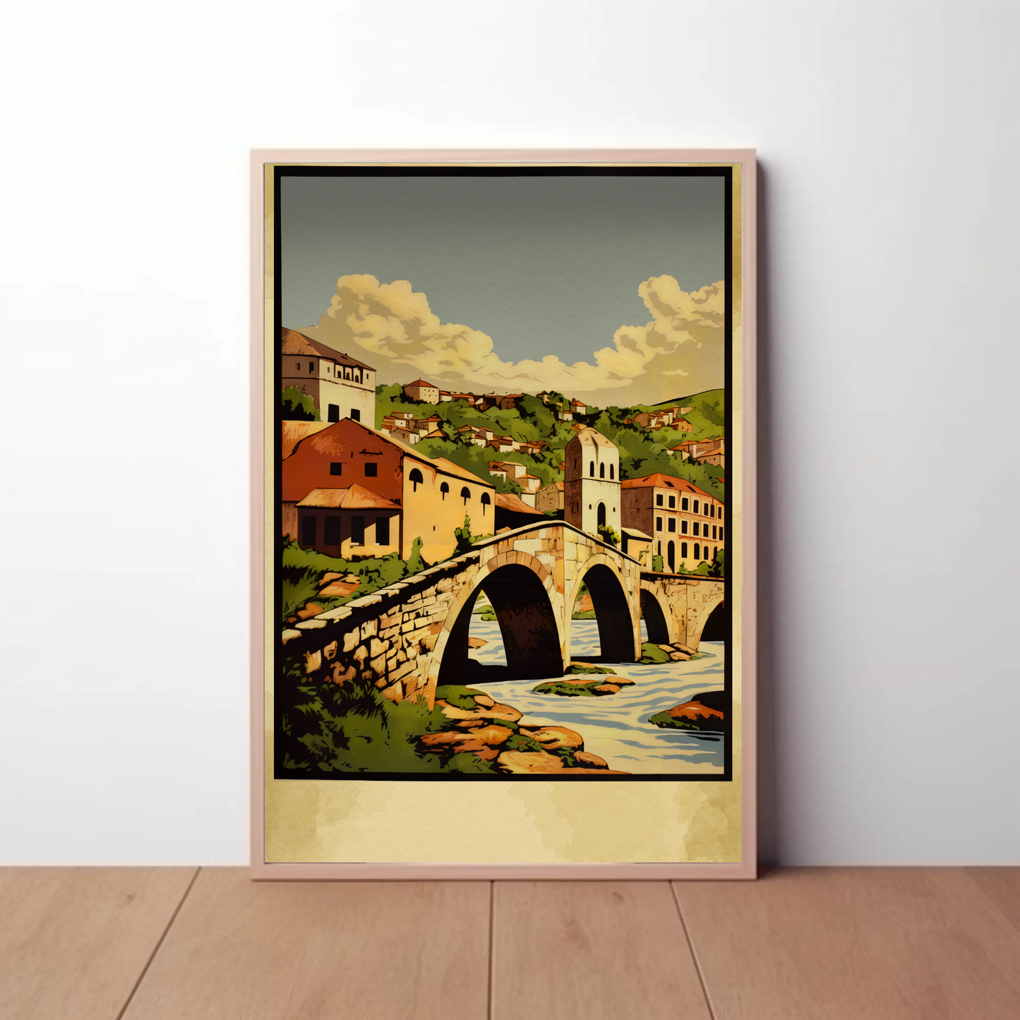 Stone Arch Bridge European Village Landscape Travel Poster