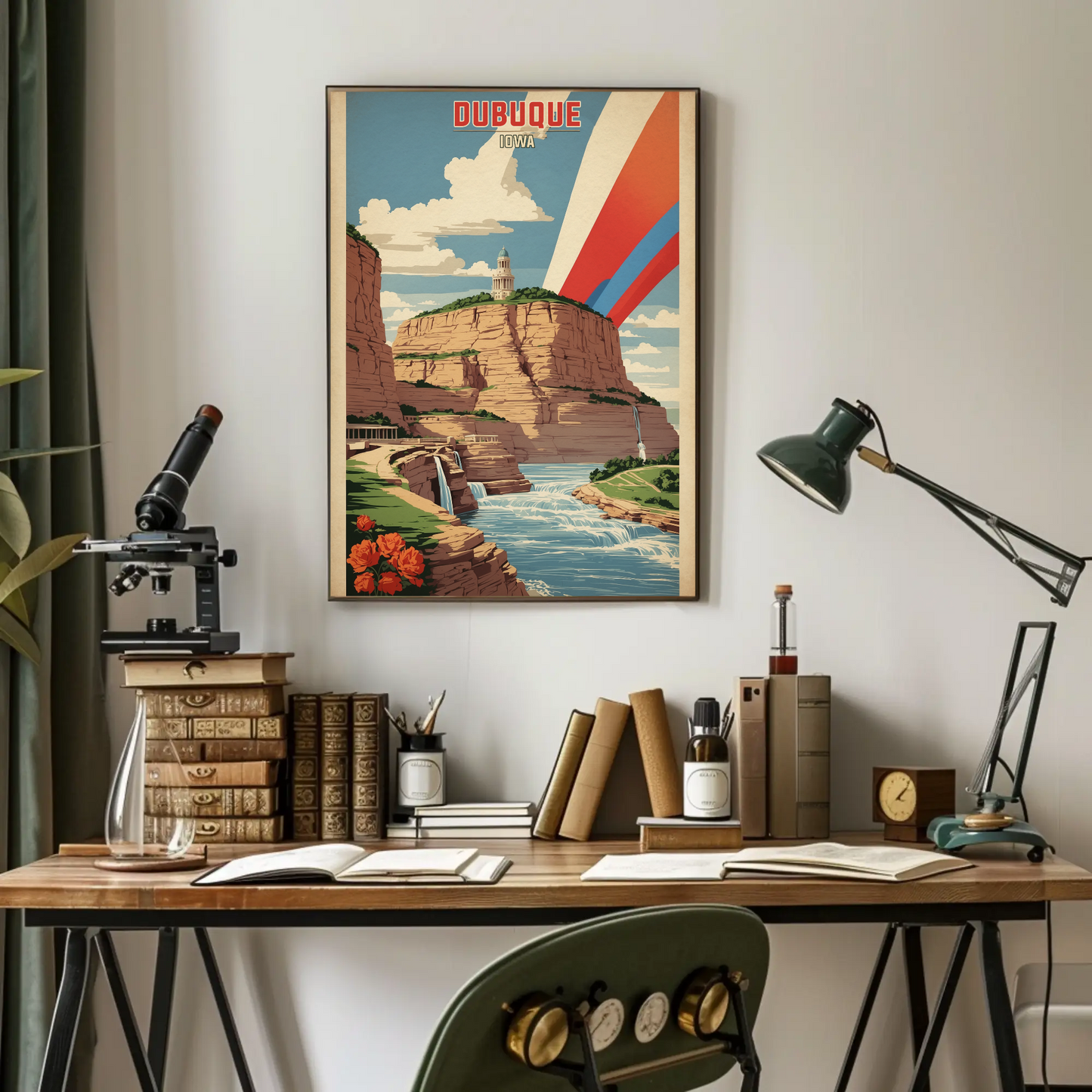 Dubuque Iowa Canyon River Tower Vintage Travel Poster