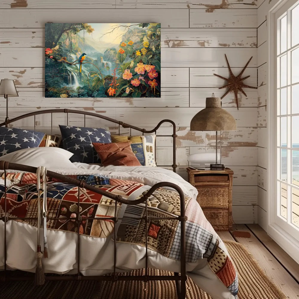 Vibrant Jungle Scene with Exotic Waterfalls Poster