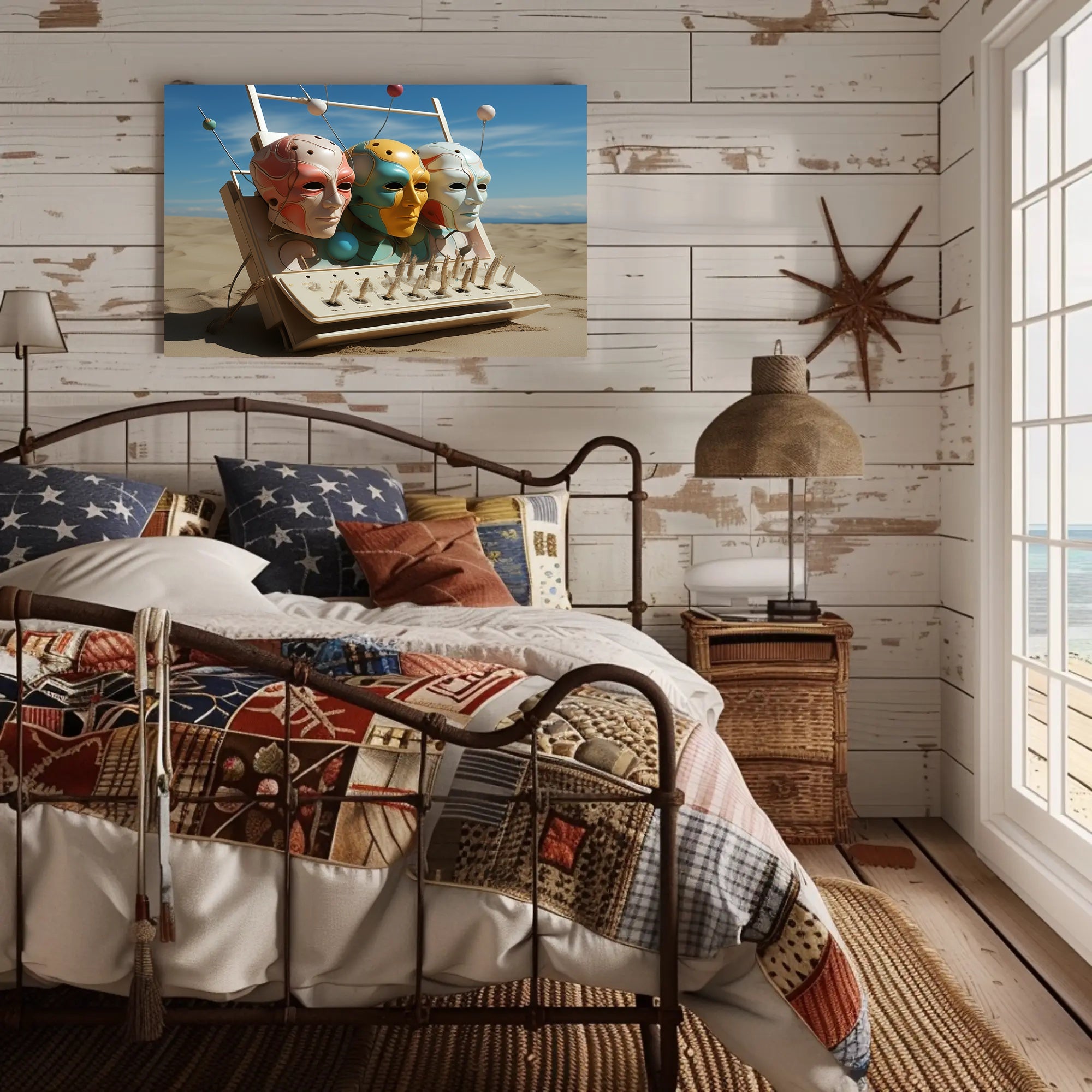 Futuristic Masks in Surreal Desert Sci-Fi Poster