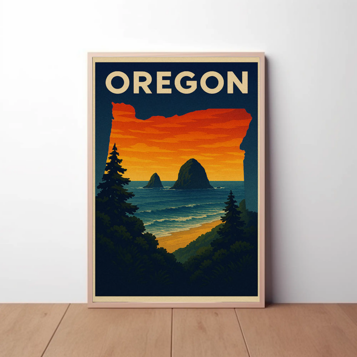 Oregon Coastal View Sunset Forest Travel Poster