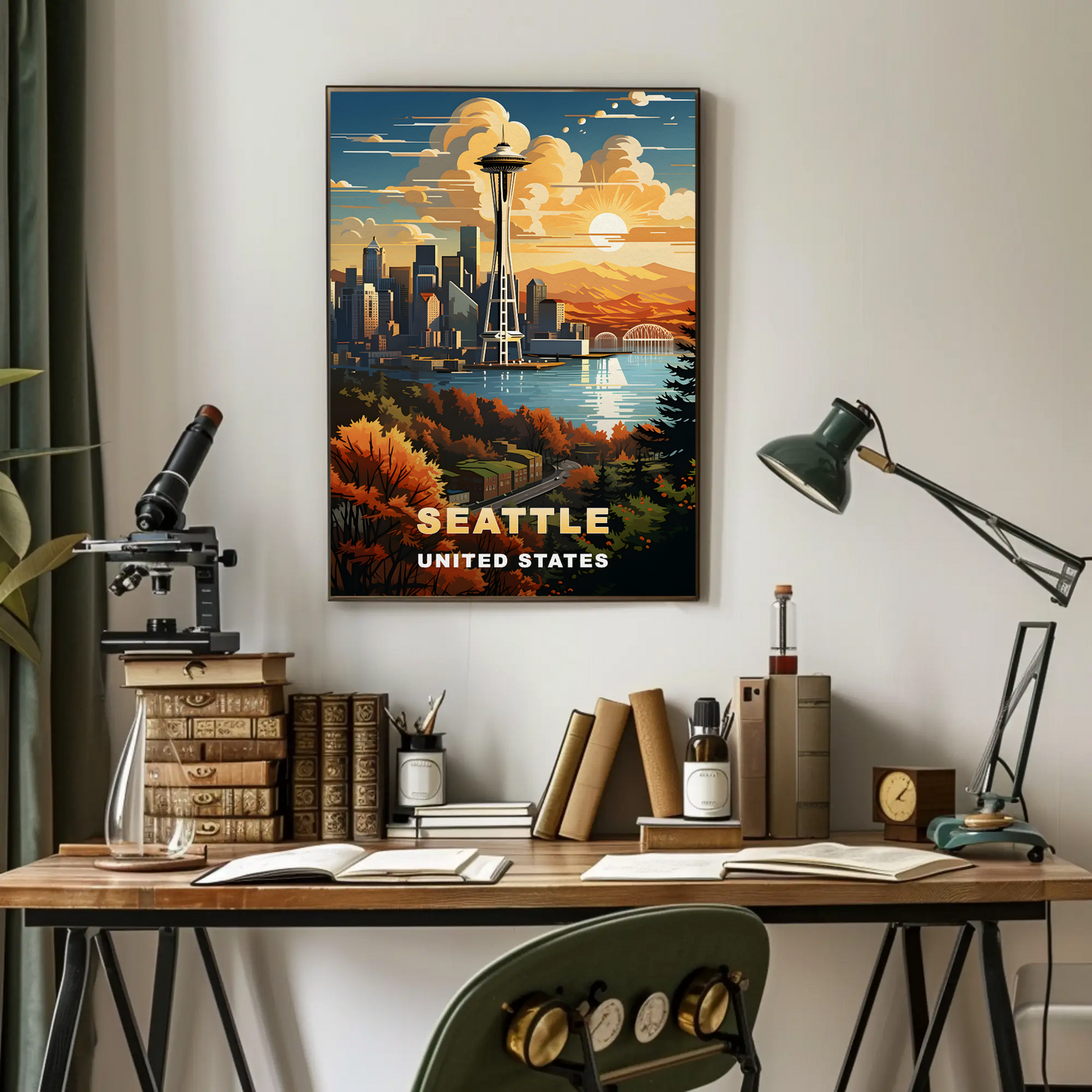 Seattle Space Needle Autumn Sunset Vintage Travel Poster