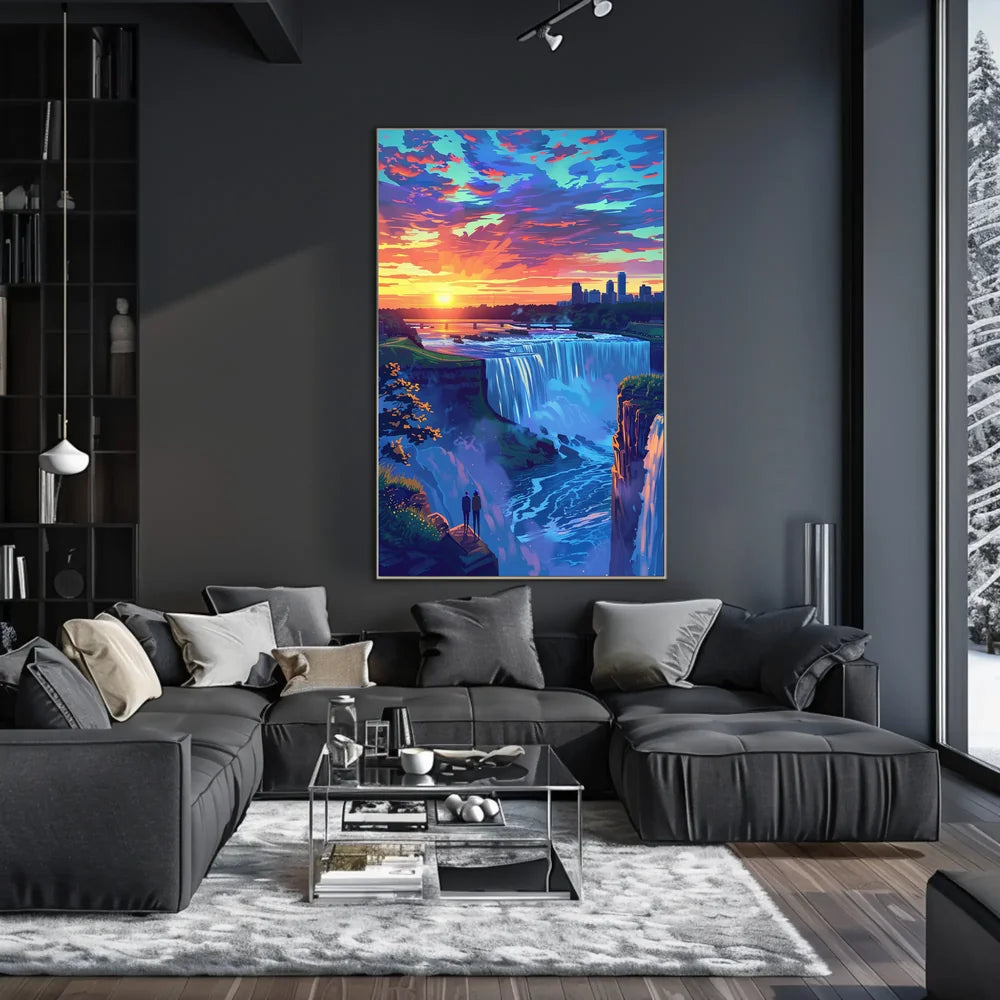 Majestic Waterfall Sunset with City Skyline Poster