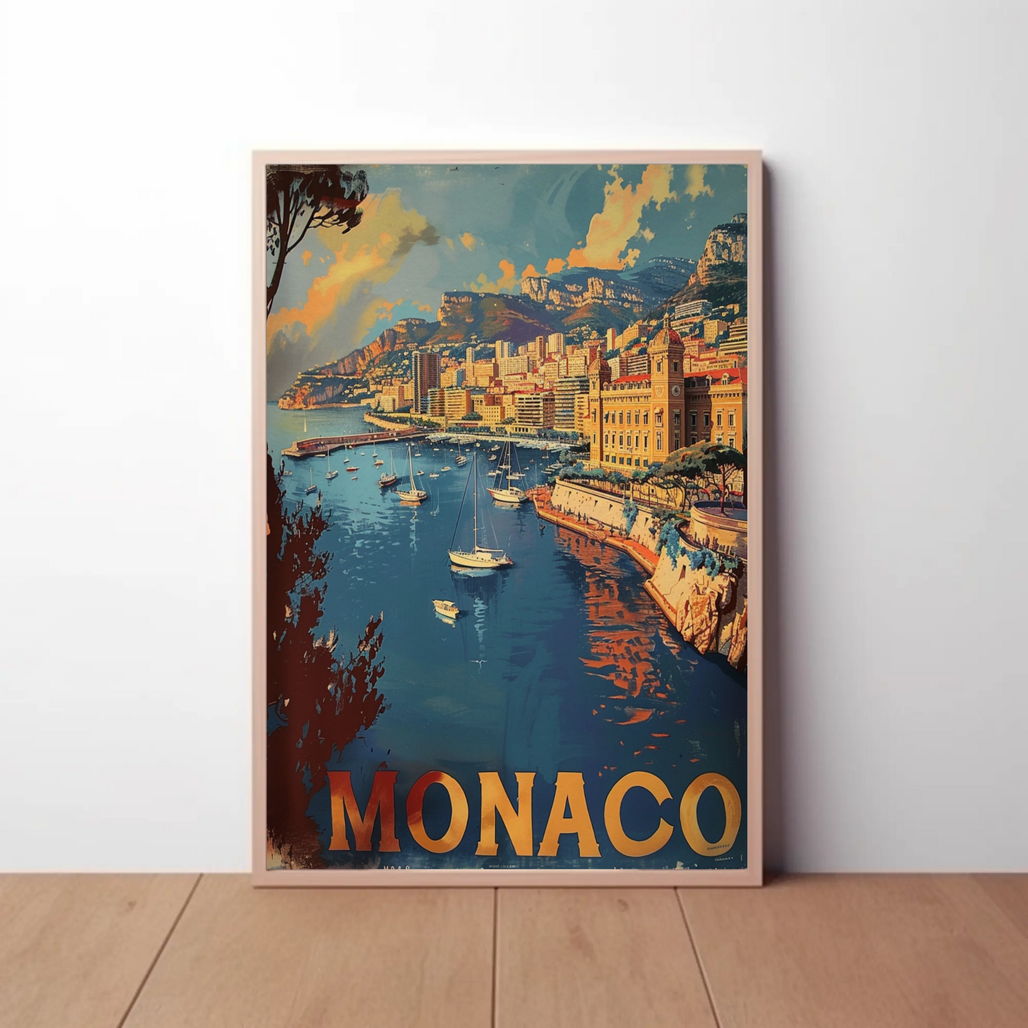 Monaco Mediterranean Coast Harbor Scene Retro Travel Poster