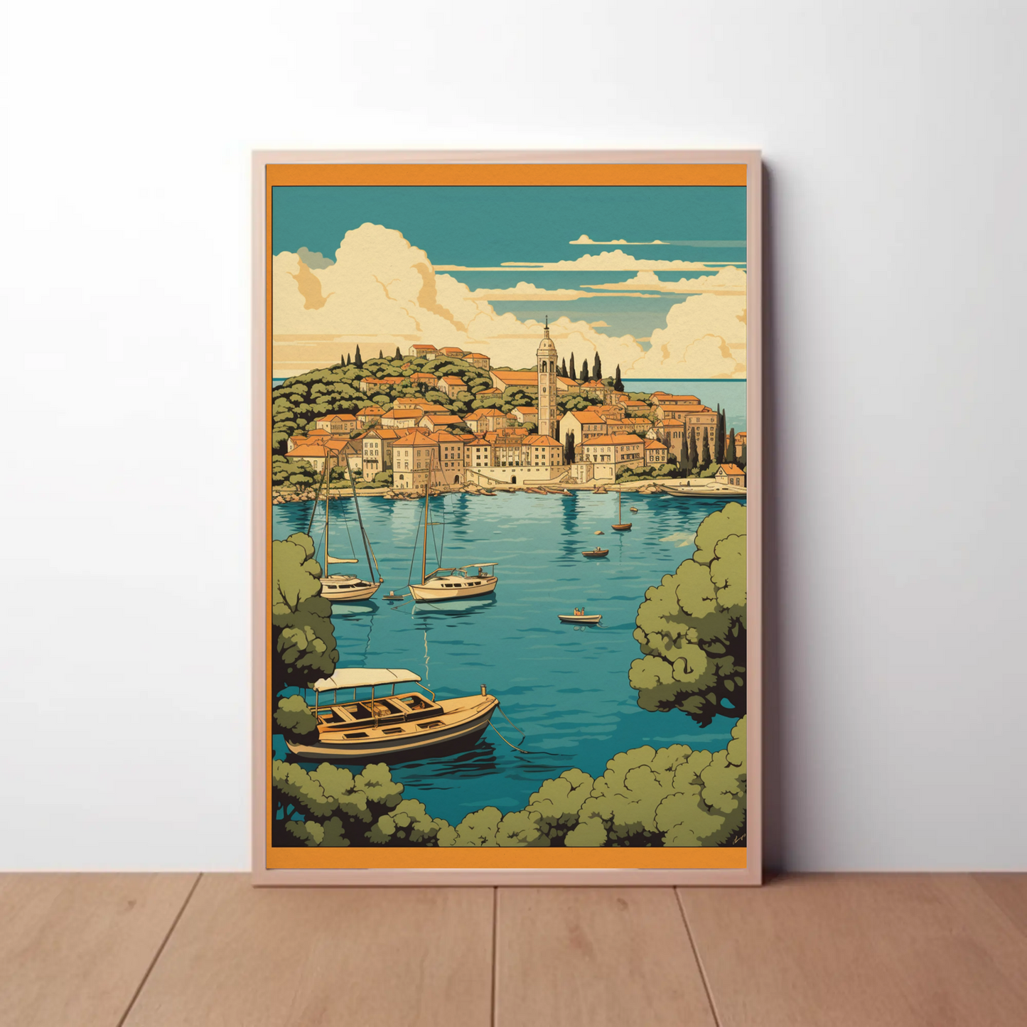 Coastal Mediterranean Village Boats Scenic Bay Travel Poster