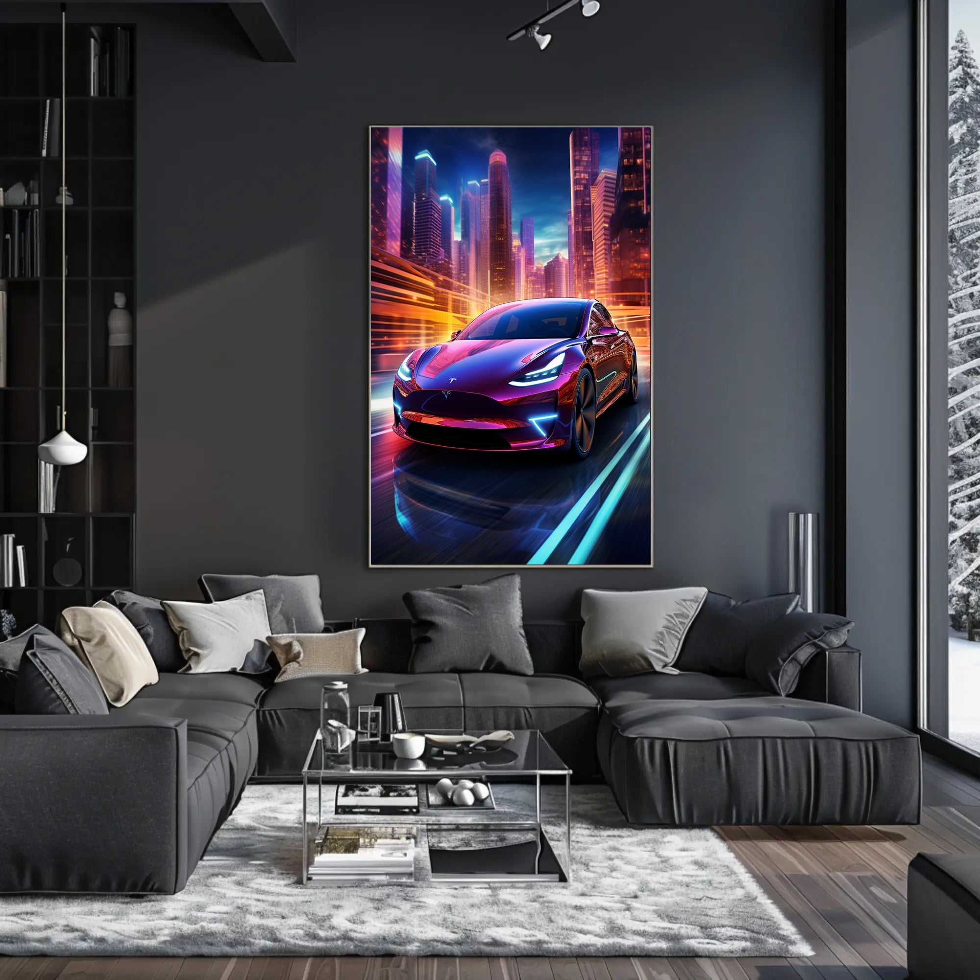 Futuristic Electric Car in the City Poster PosterGoat