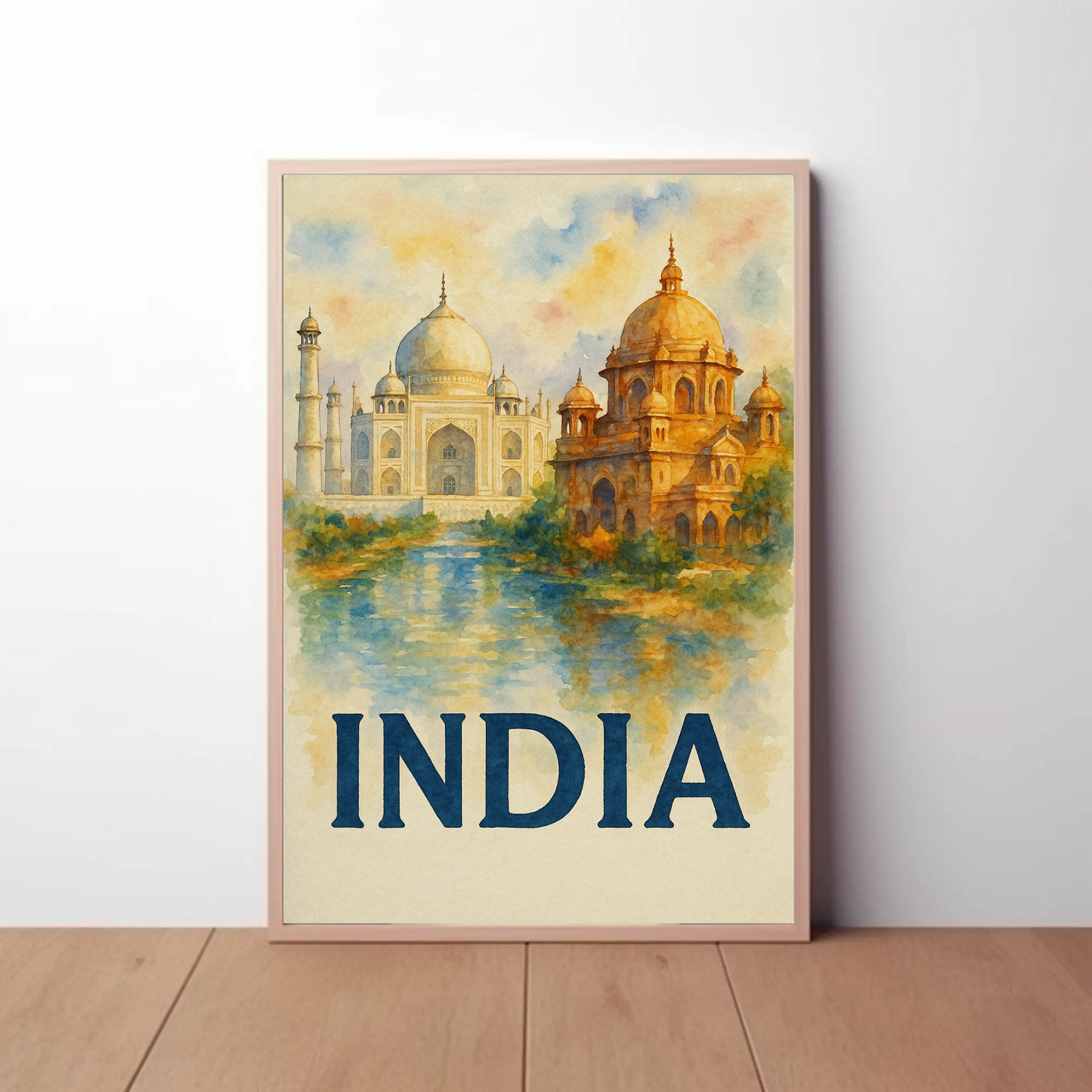 India Taj Mahal Watercolor Palace Reflection Travel Poster