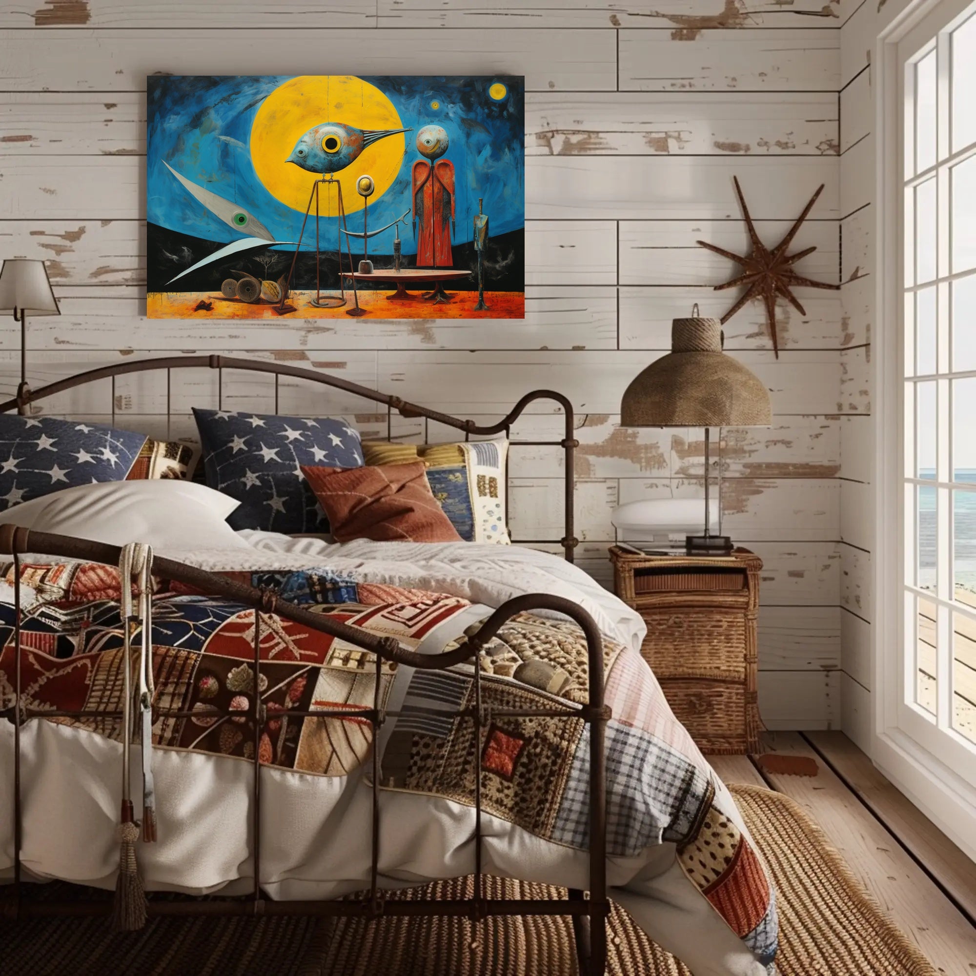 Surrealistic Abstract Art Poster with Bird and Humanoid Figures