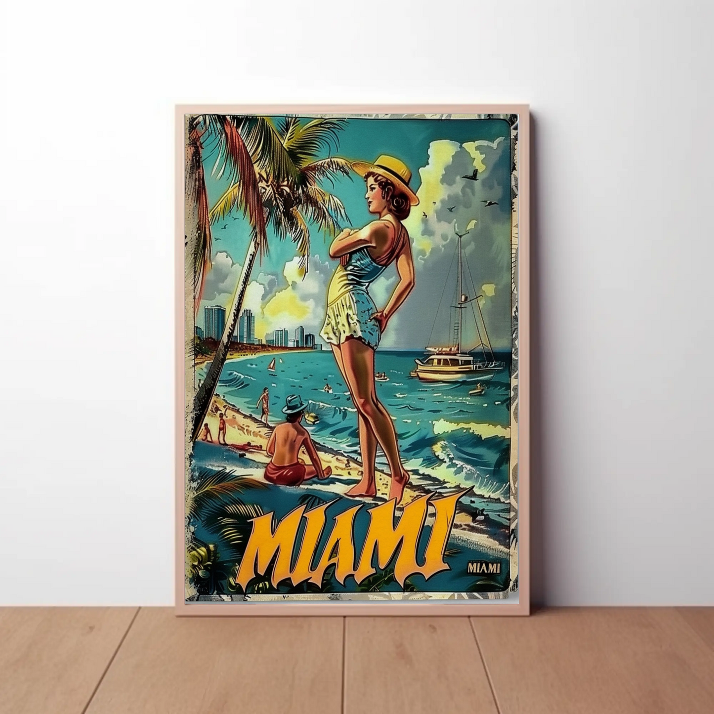 Miami Vintage Beach Scene Palm Trees Skyline Travel Poster