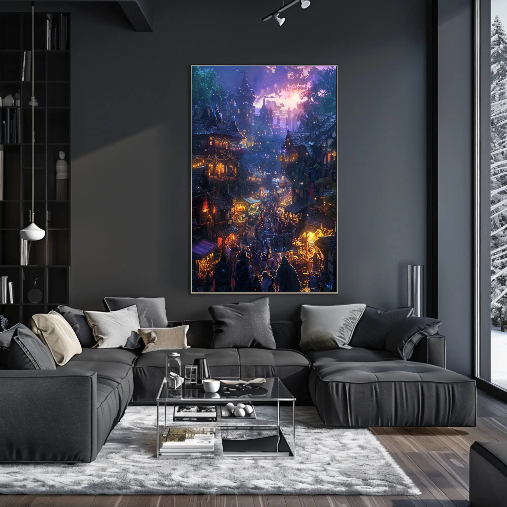 Medieval Fantasy Village Market at Twilight Fantasy Poster PosterGoat