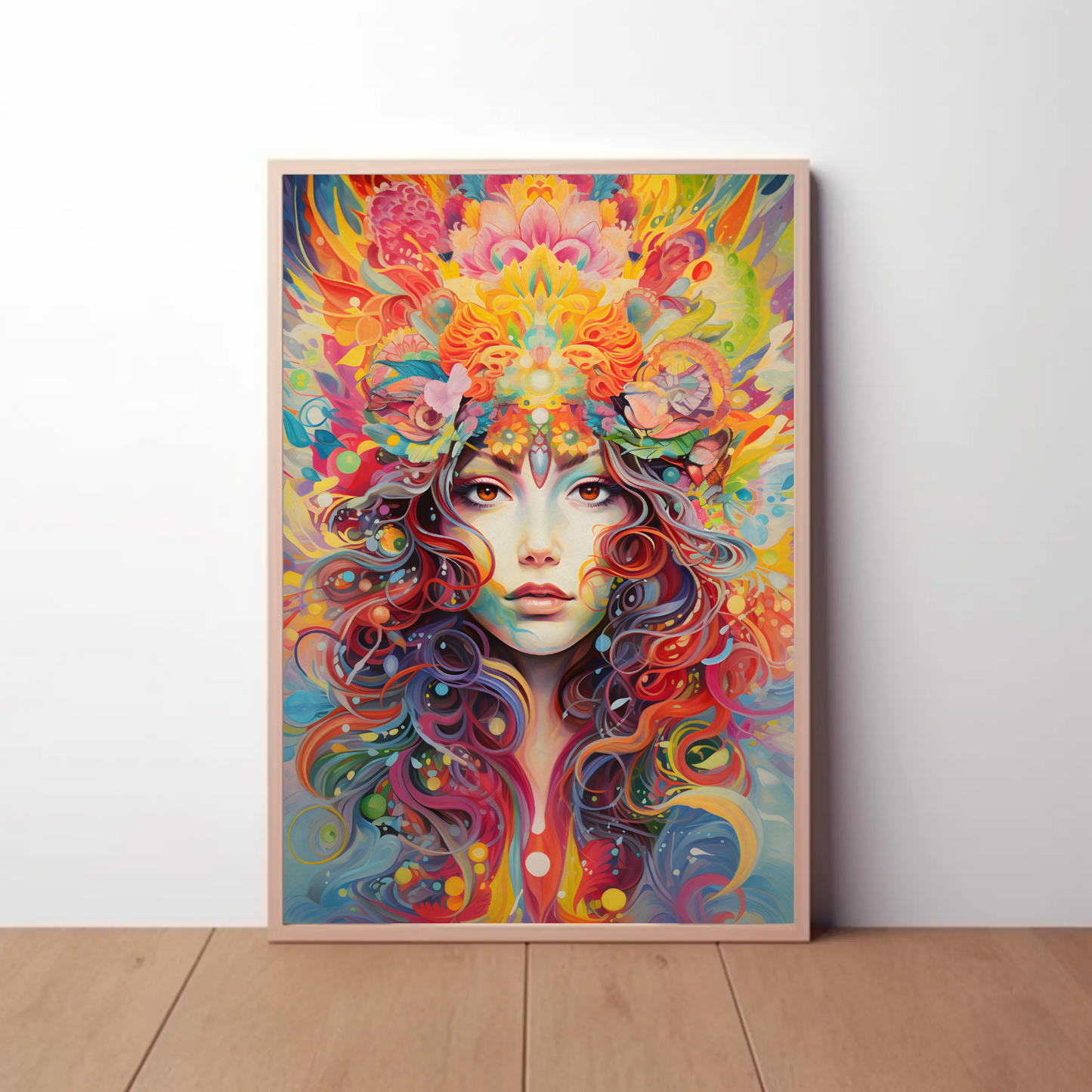 Psychedelic Woman Portrait Color Explosion Floral Surreal Travel Poster