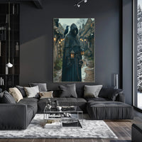 Mysterious Medieval Village Artwork with Plague Doctor Fantasy Poster PosterGoat