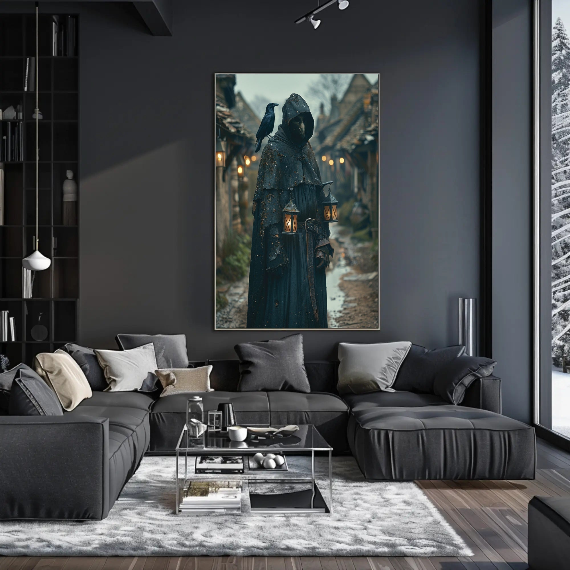 Mysterious Medieval Village Artwork with Plague Doctor Fantasy Poster PosterGoat