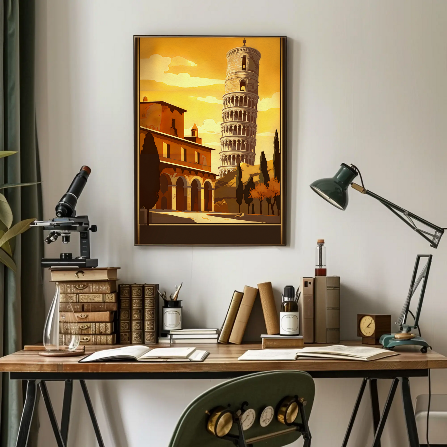 Italy Pisa Leaning Tower Sunset Sky Vintage Travel Poster