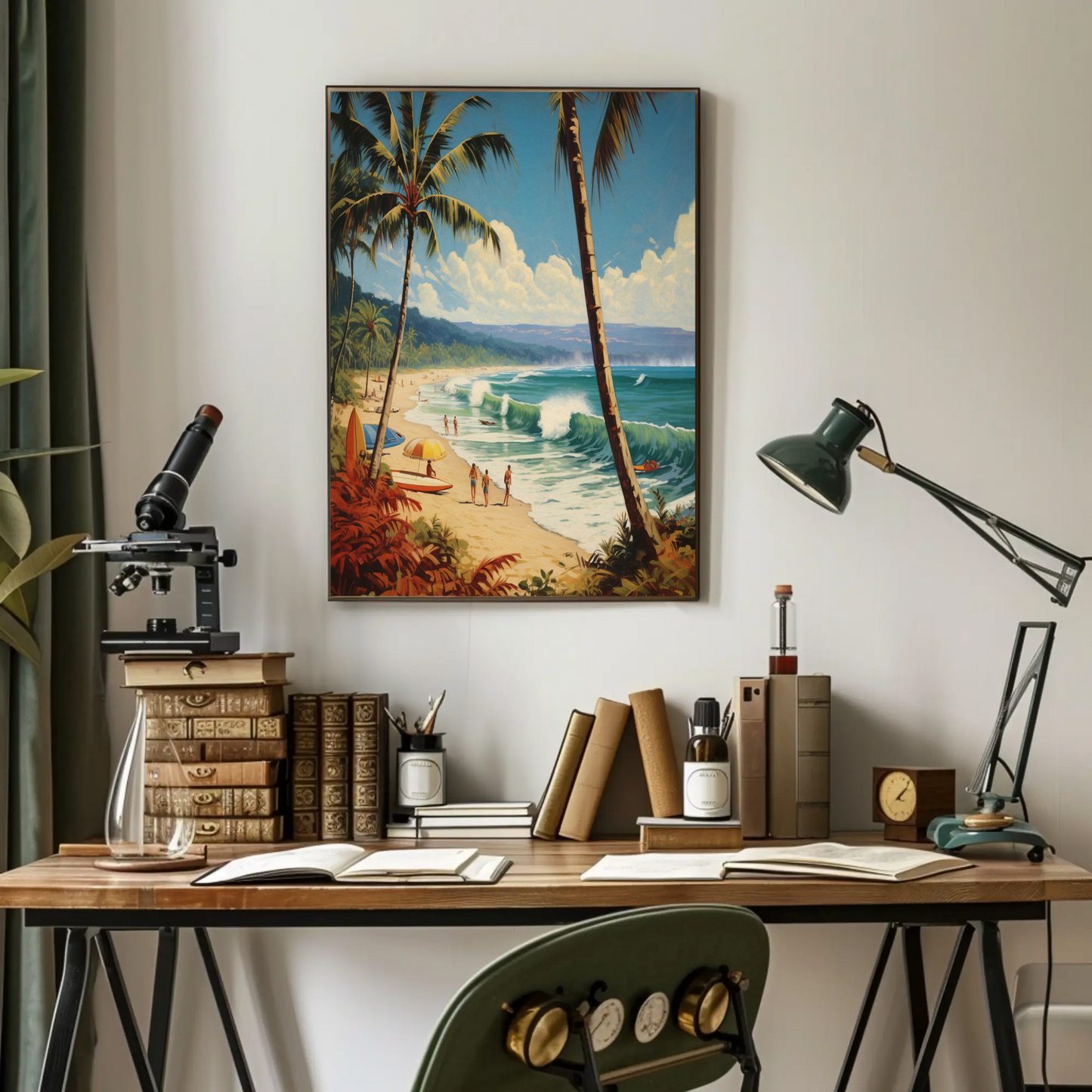 Tropical Surf Beach Day Palm Trees Vintage Travel Poster