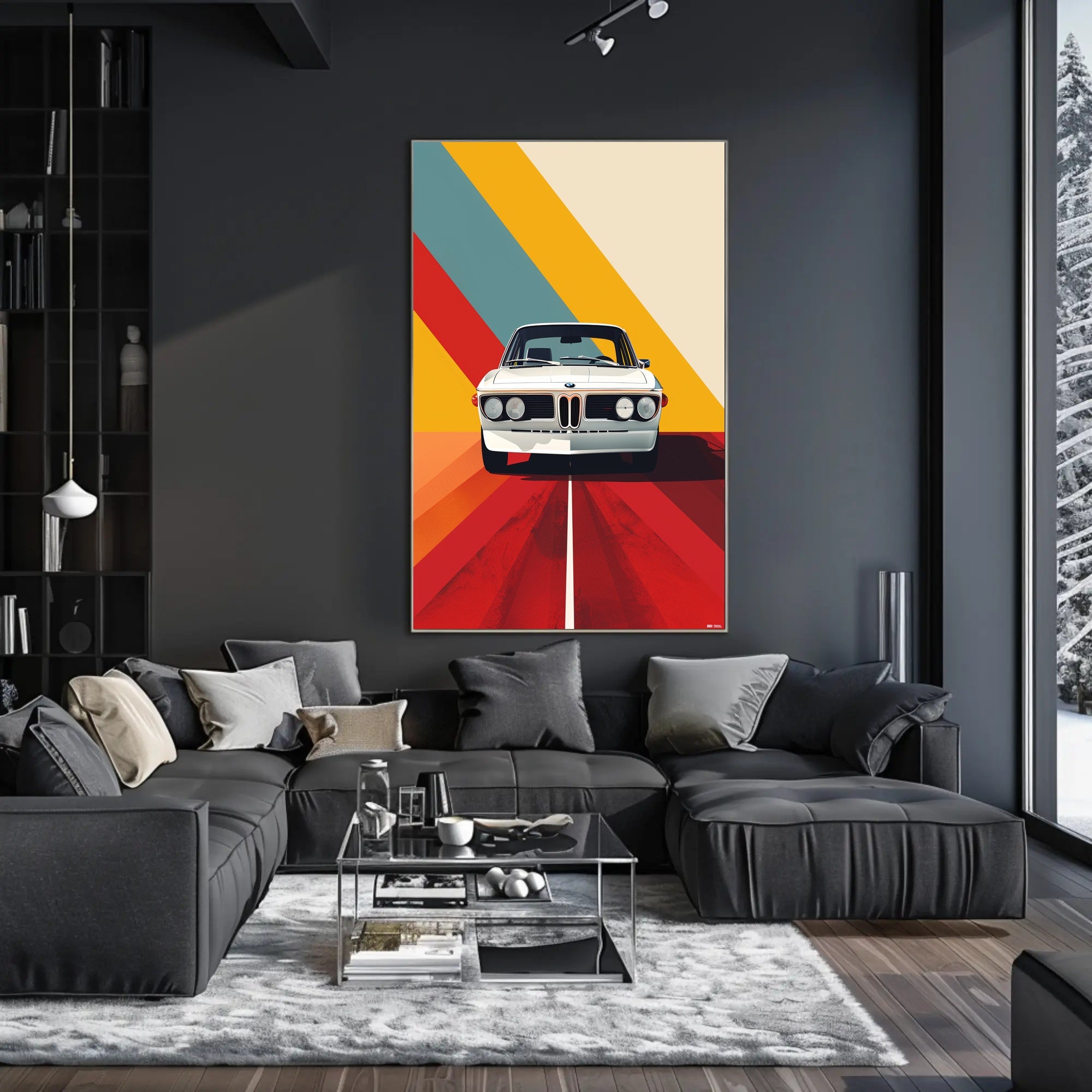 Classic White Car Adventure Vibrant Abstract or Artistic Poster PosterGoat