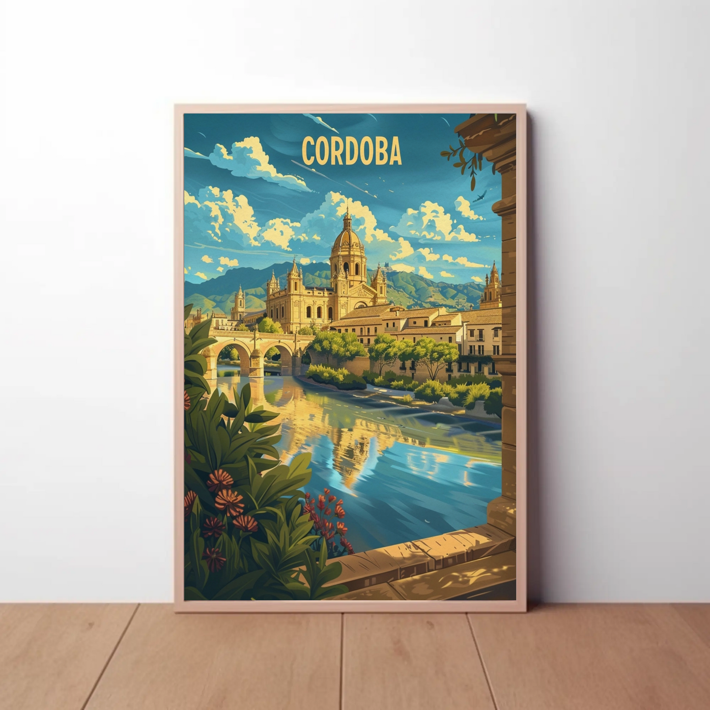 Cordoba Bridge and Cathedral Scenic River Travel Poster