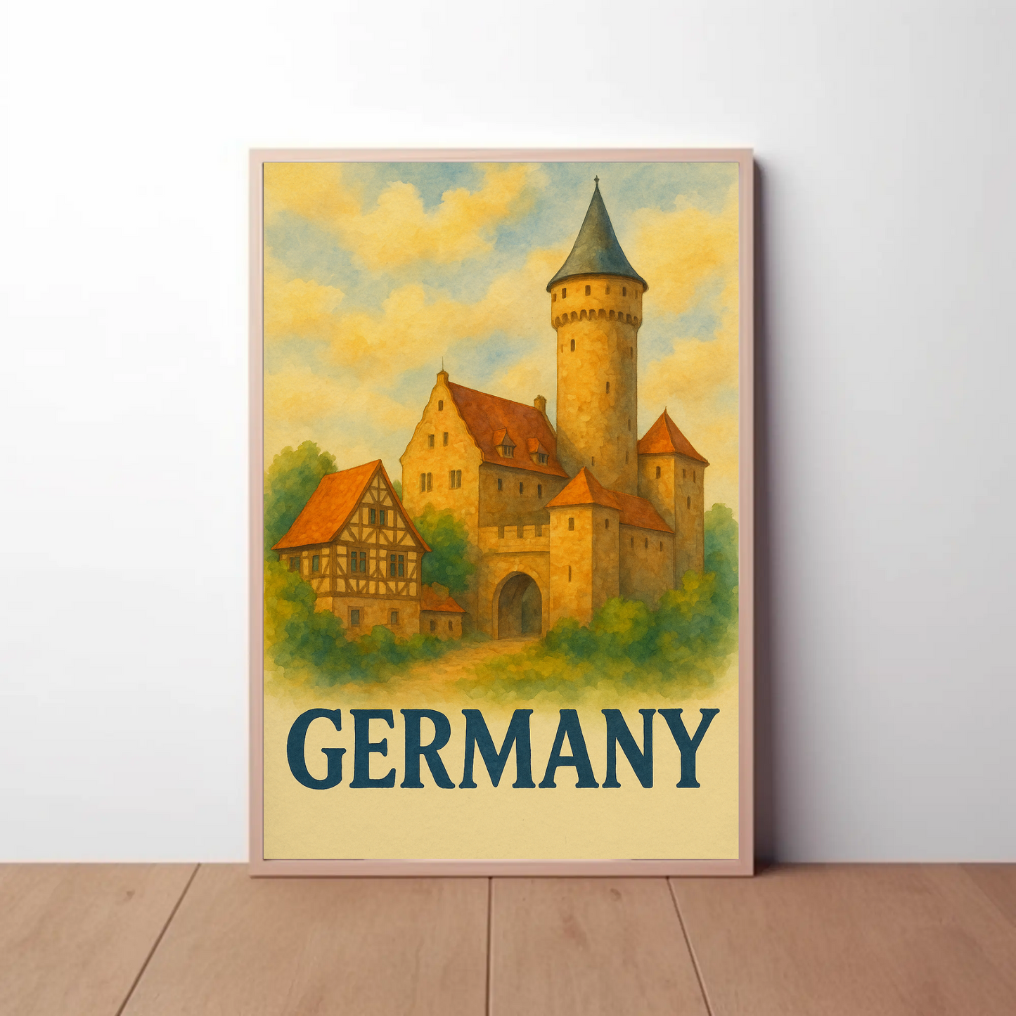 Germany Castle Village Watercolor Travel Poster