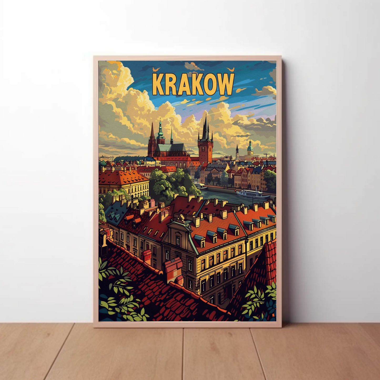 Evening Skyline Krakow Poland Travel Poster