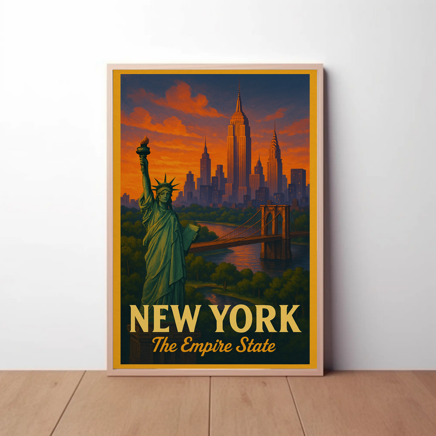 Sunset Skyline Liberty Bridge Empire State Poster