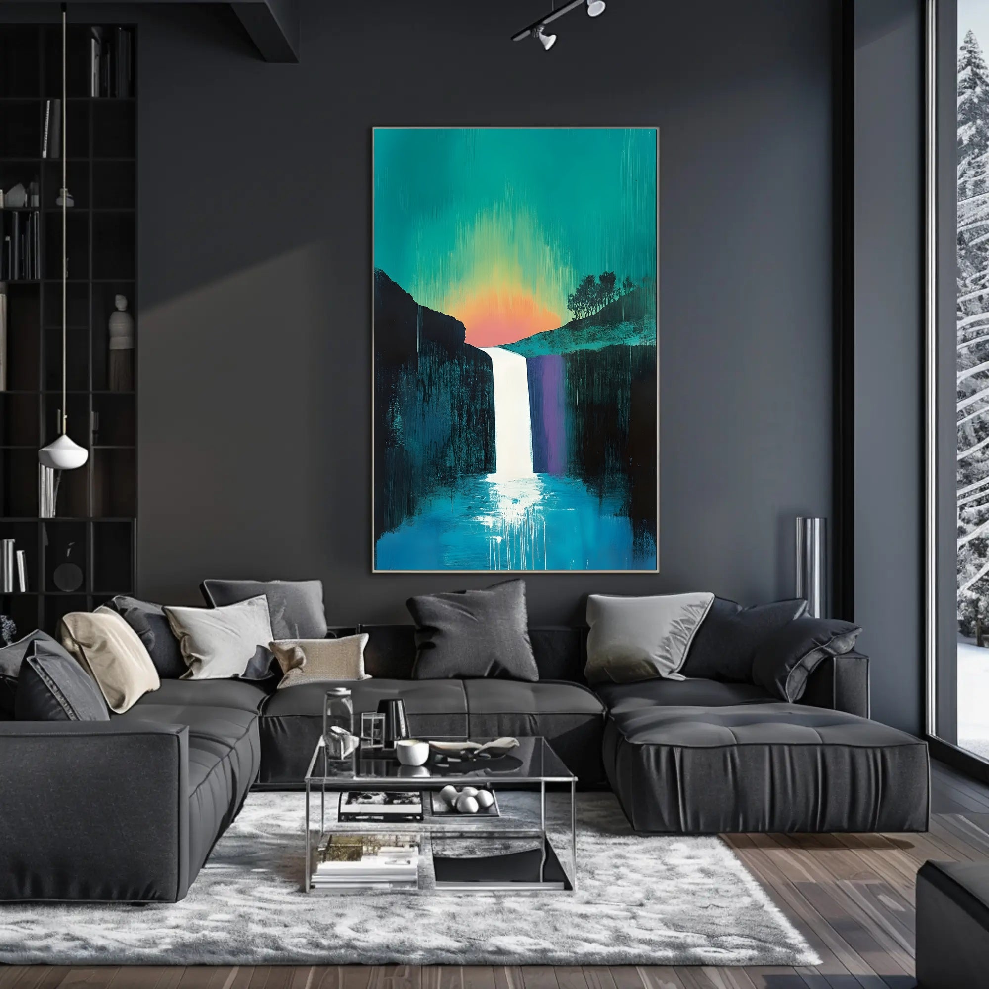 Abstract Waterfall Sunset Poster Modern Wall Art