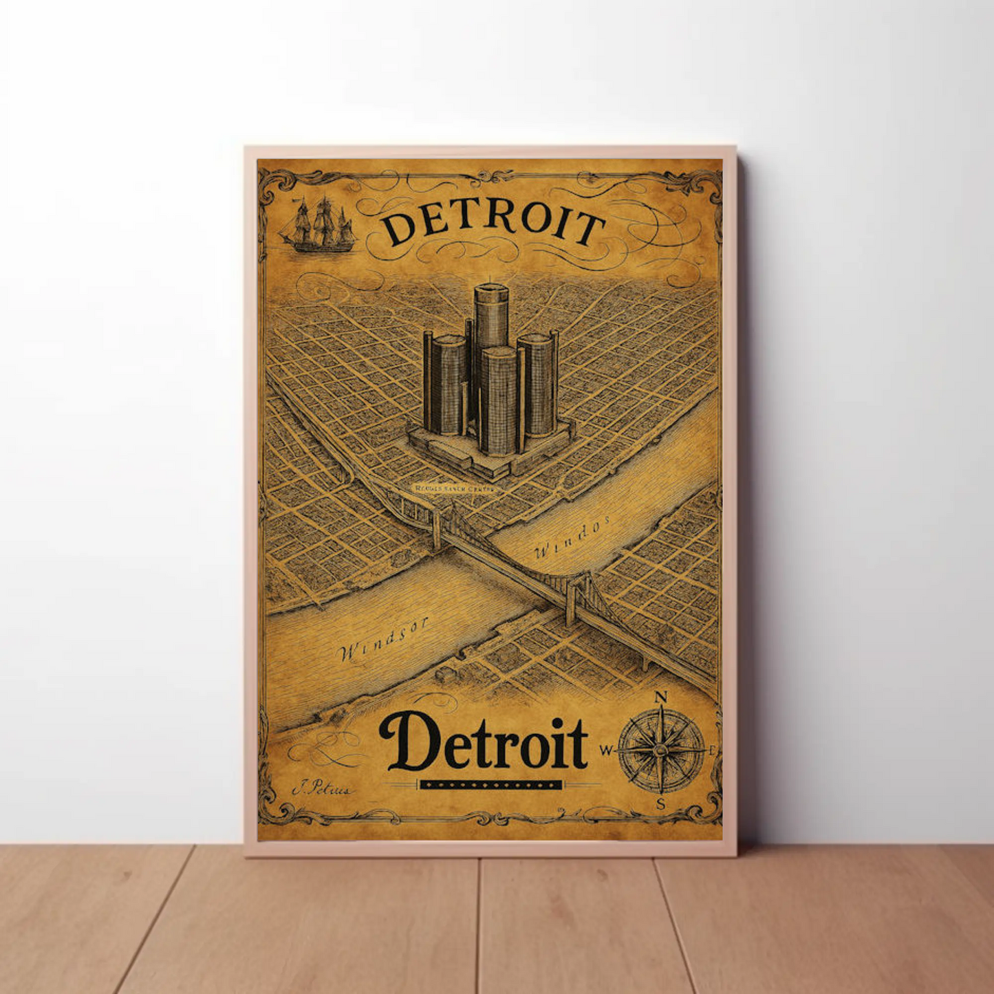 Detroit Historic Map Renaissance Center Travel Poster
