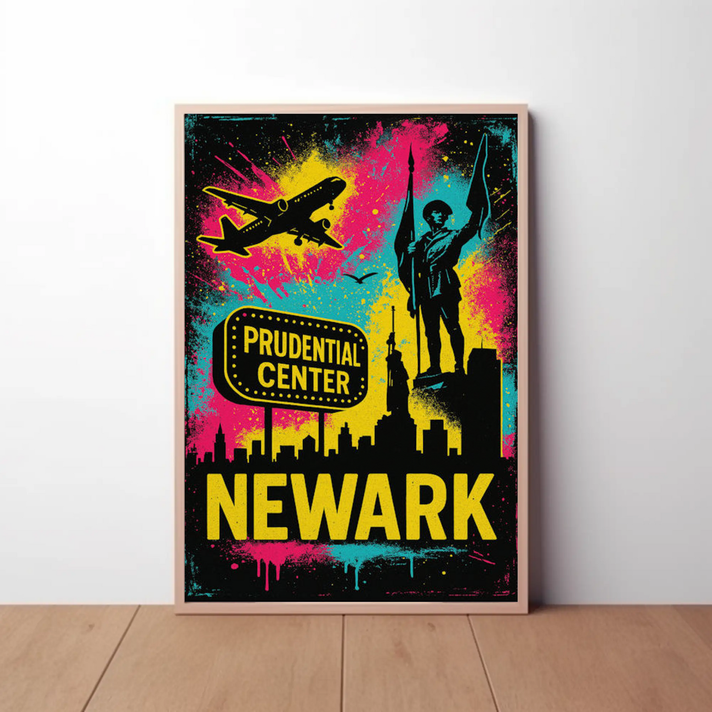 Newark New Jersey Neon Prudential Center Skyline Travel Poster