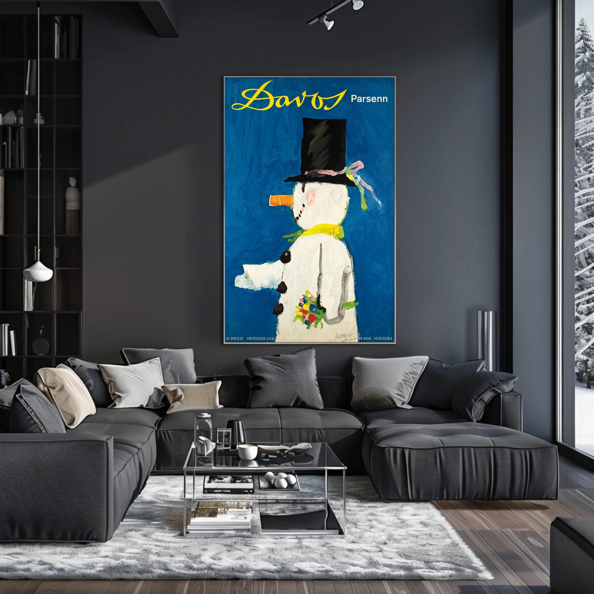 Whimsical Snowman Switzerland Travel Poster PosterGoat