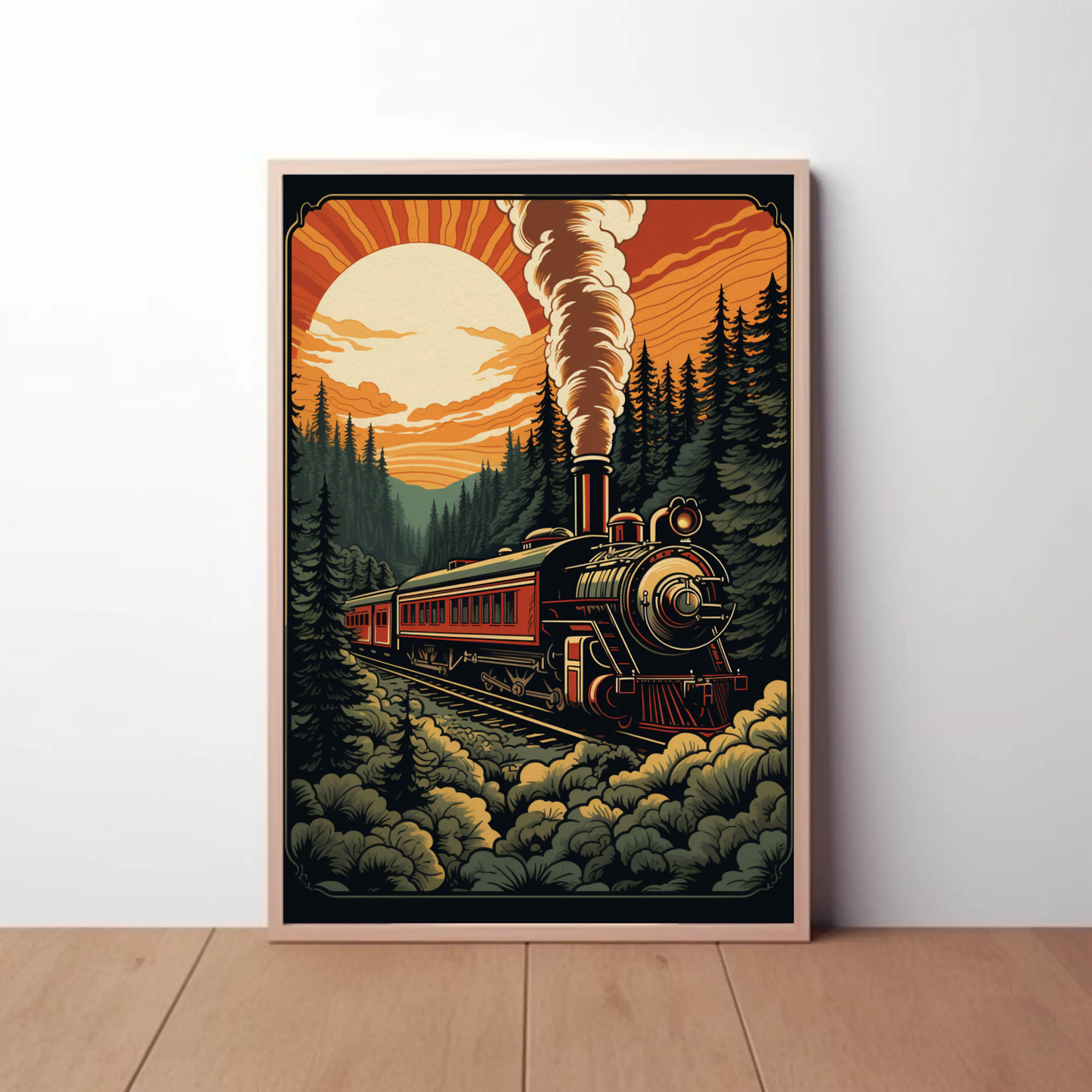 Vintage Steam Train Forest Railway Sunset Travel Poster
