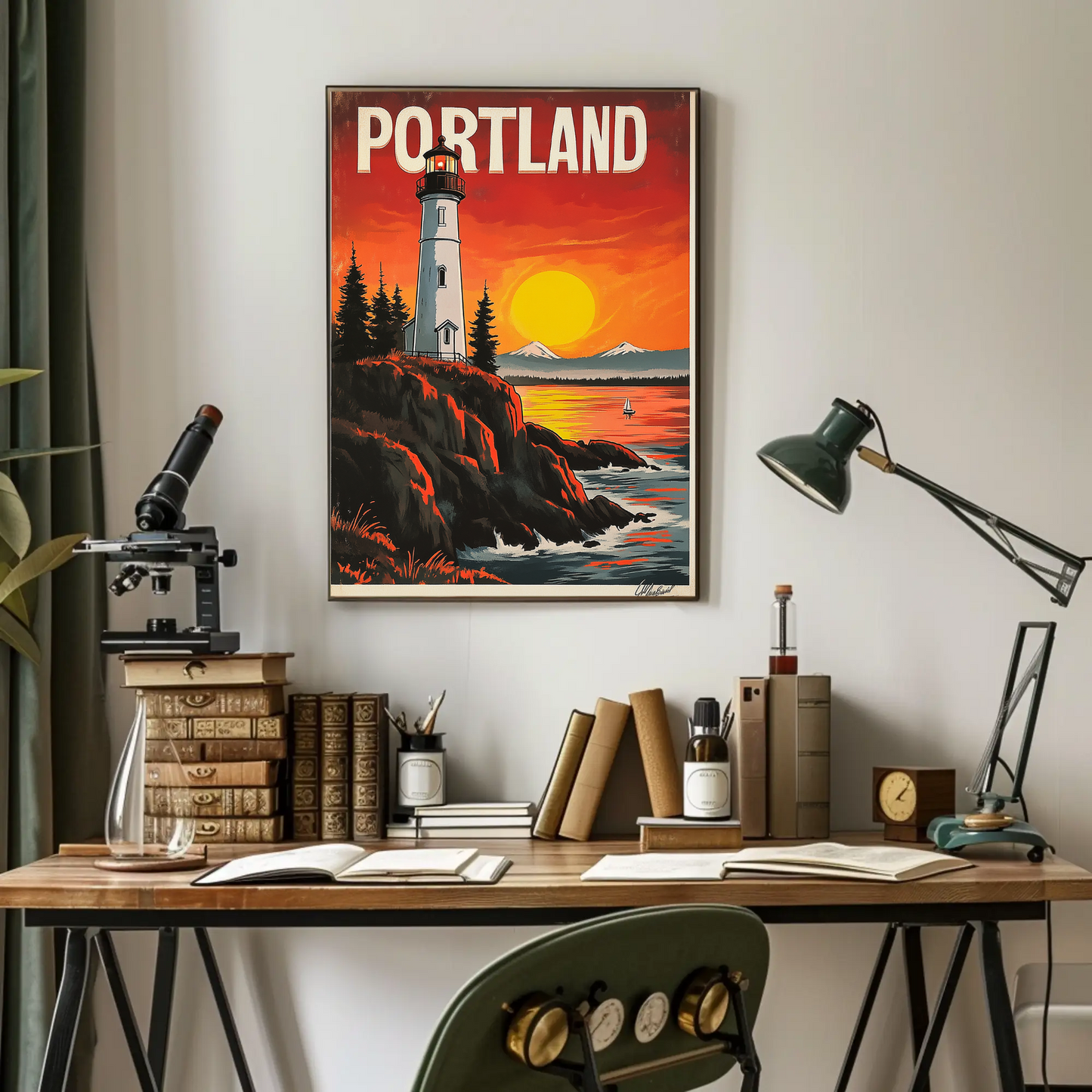 Portland Vintage Poster - Lighthouse at Sunset
