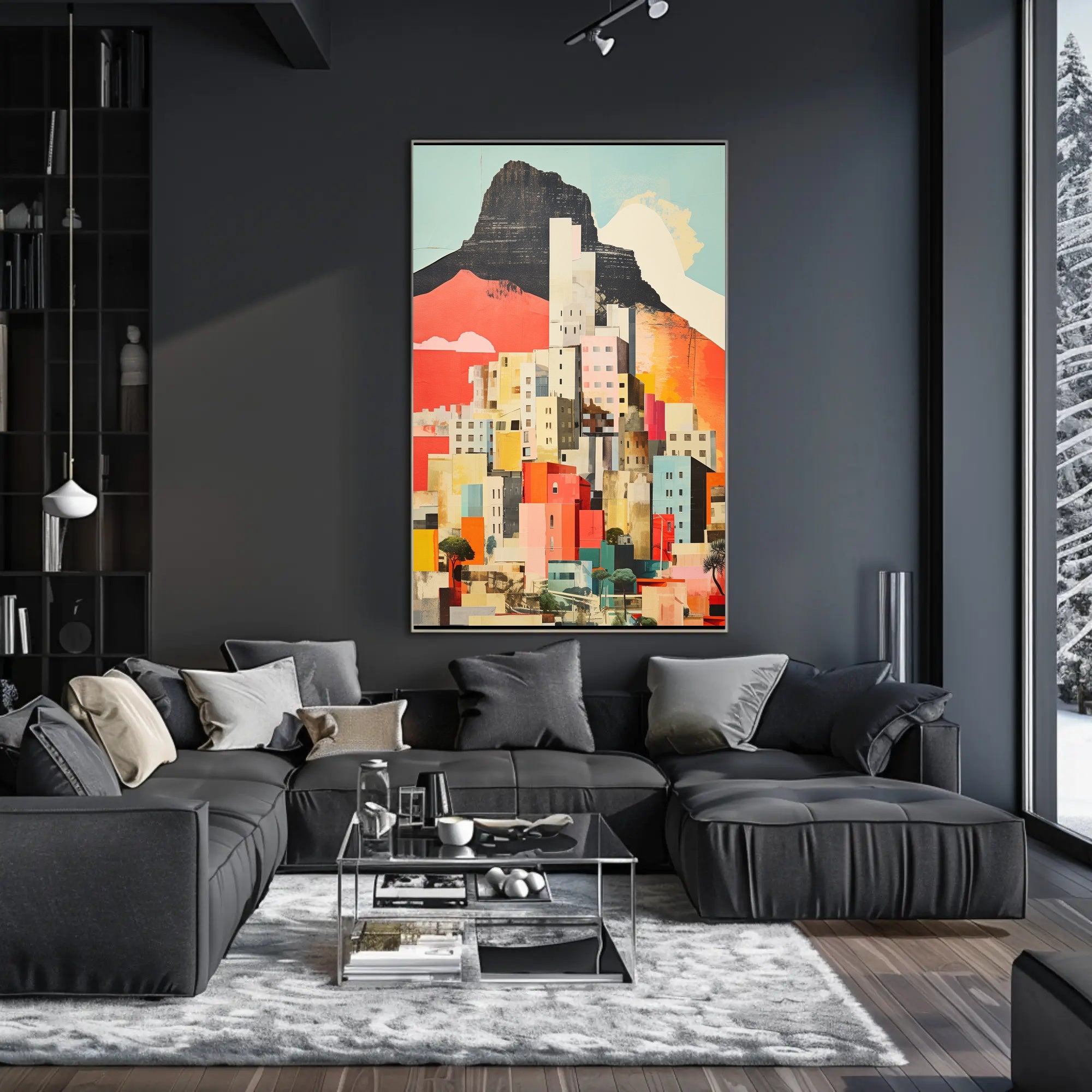 Vibrant Abstract Cityscape with Mountains Artistic Poster