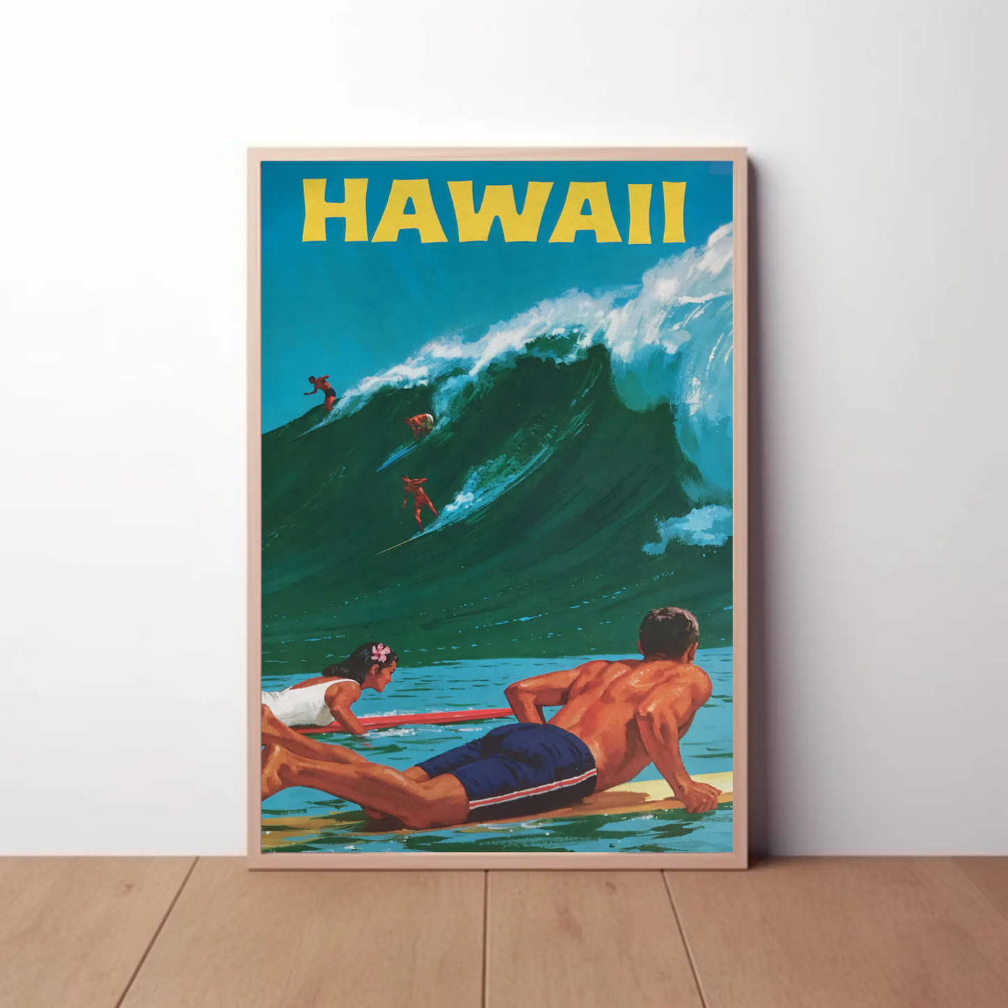 Hawaii Surfers Riding Giant Wave Ocean Travel Poster